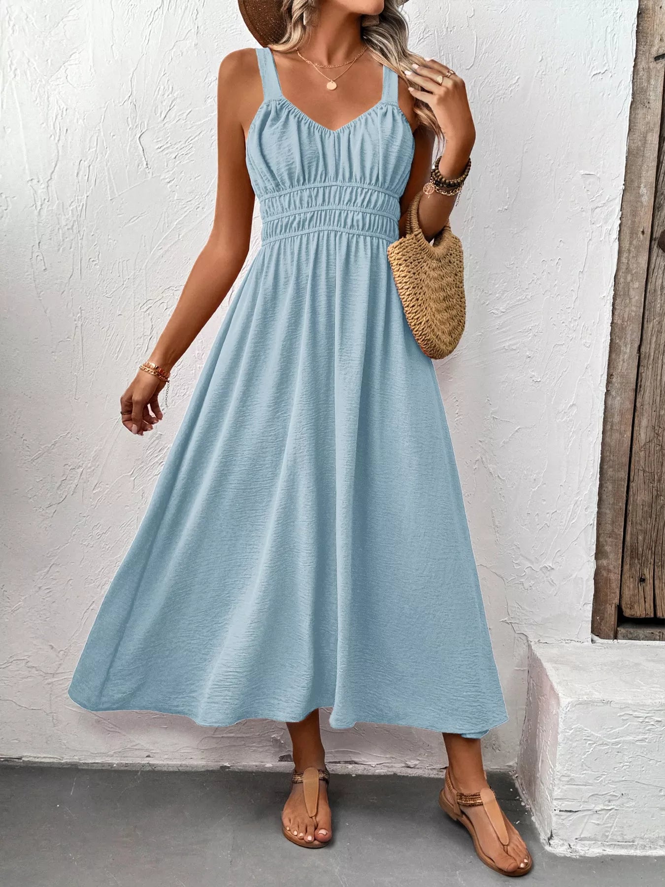 Sleeveless Smocked Casual Midi Dress