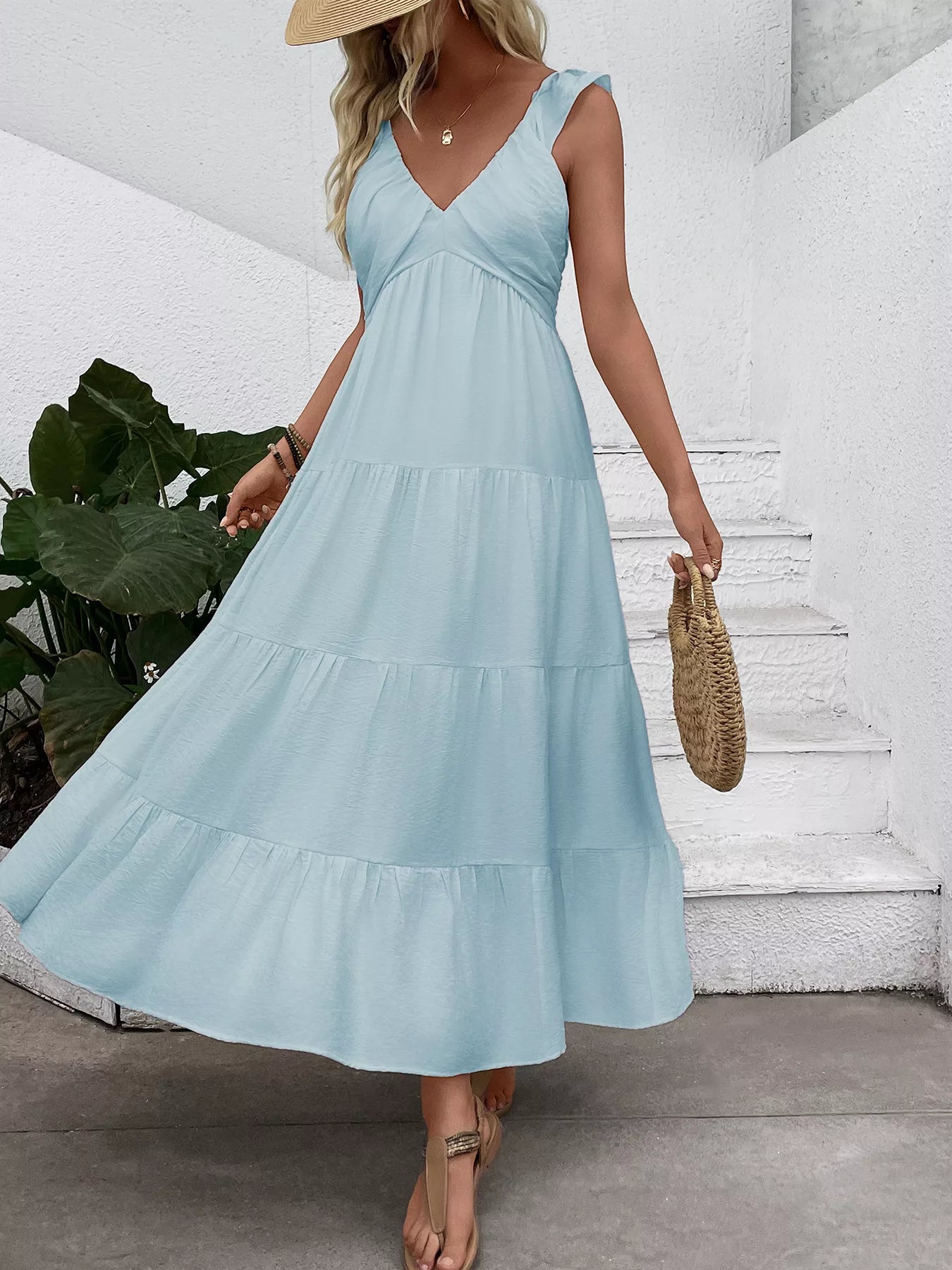 V-Neck Tiered Dress with Flutter Sleeves