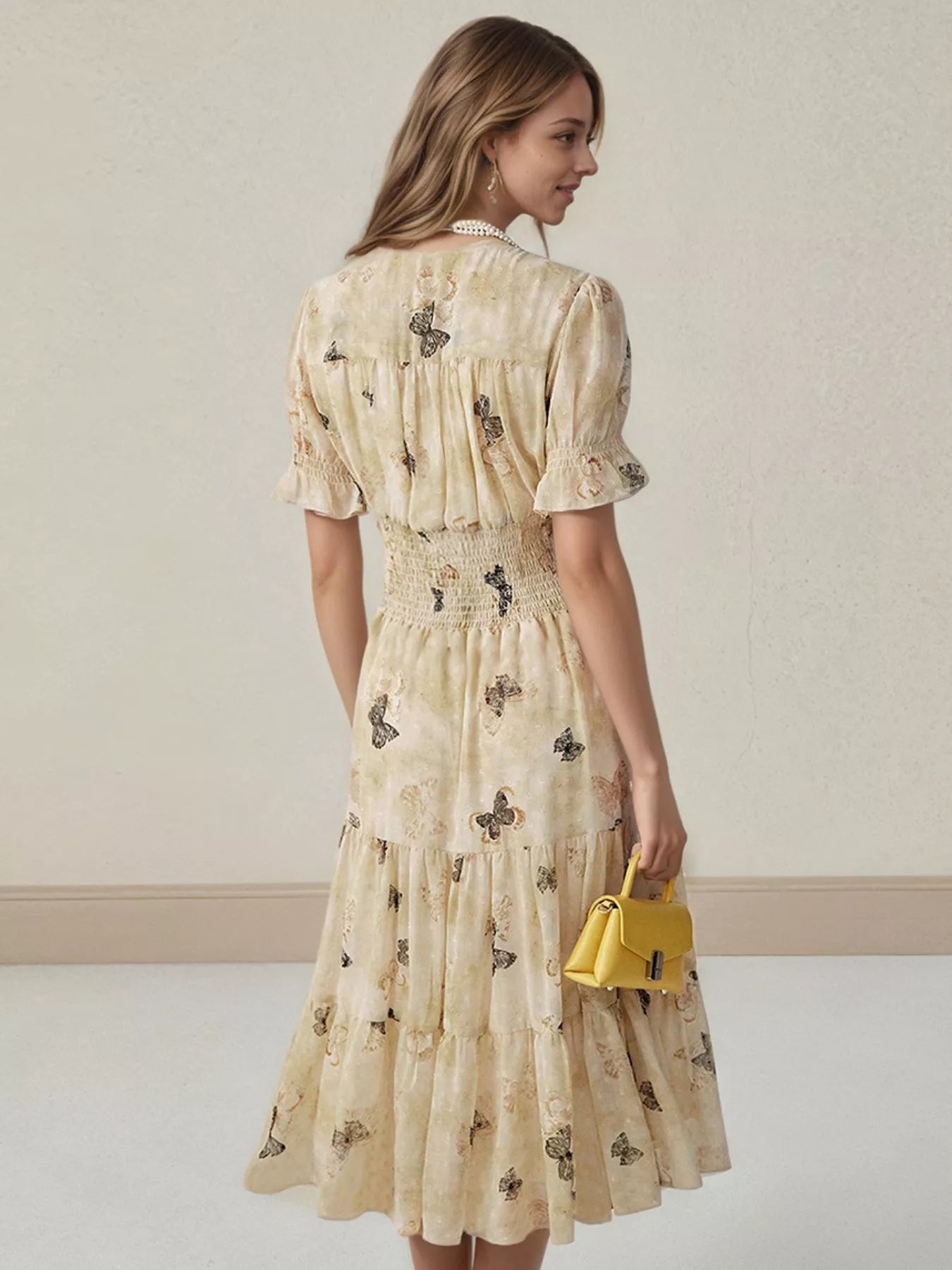 Butterfly Print Smocked Waist Tiered Midi Dress