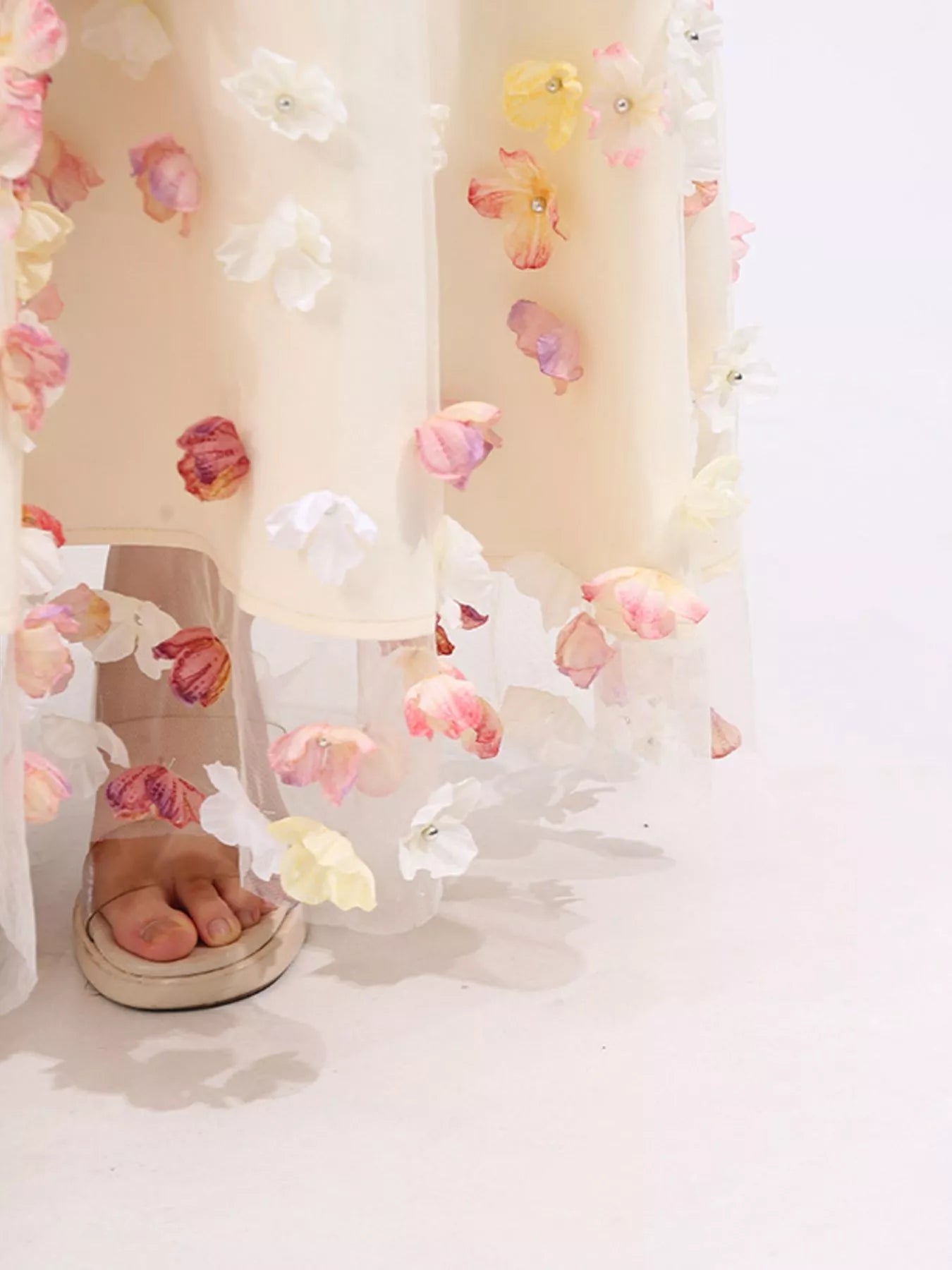 Floral Applique Strapless Tulle Maxi Dress