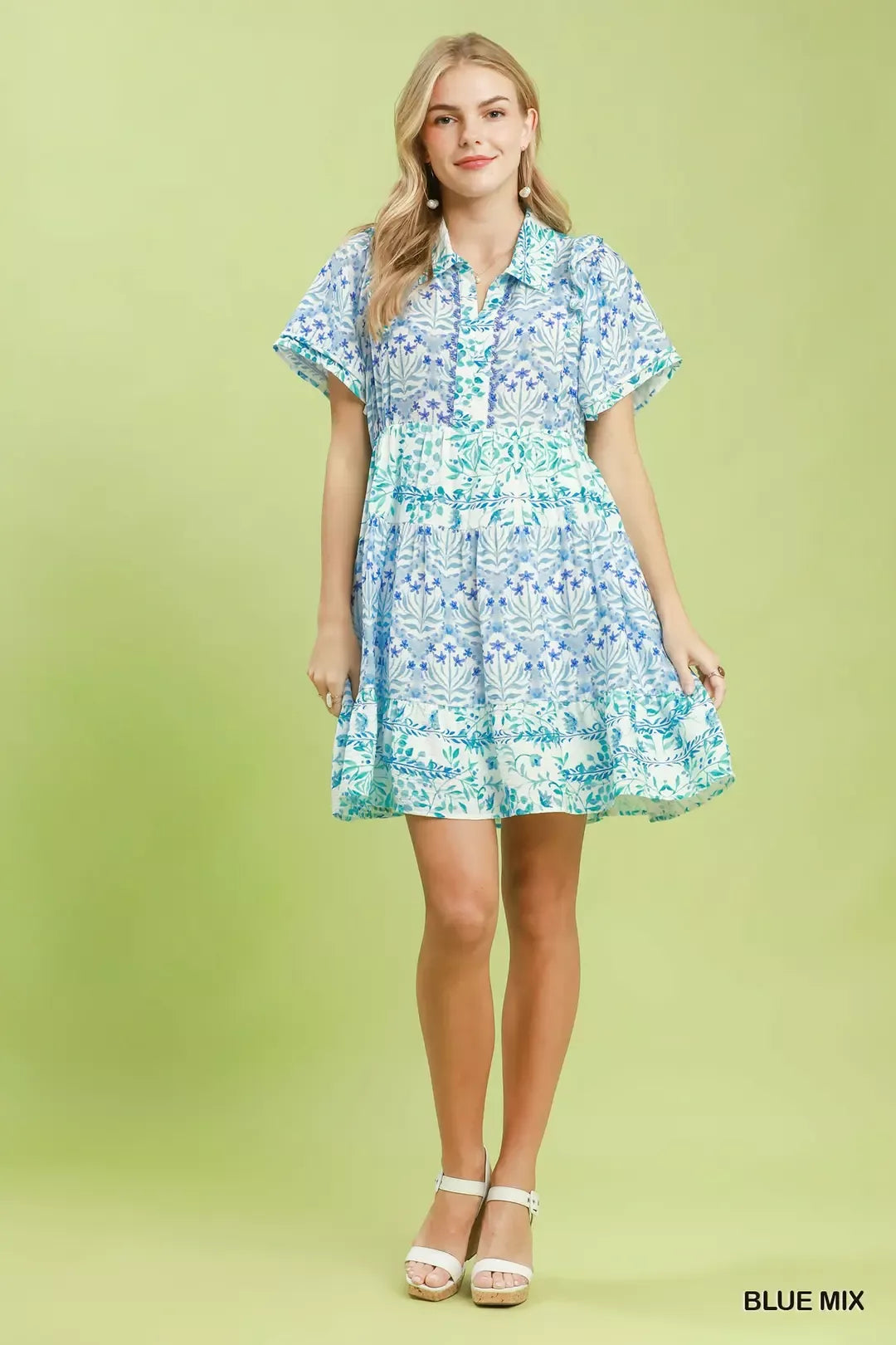 Umgee Mixed Floral Tiered Mini Dress with Flutter Sleeves