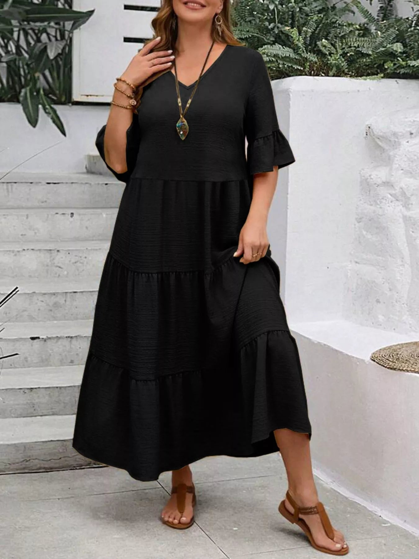 Plus Size Ruffle Sleeves Tiered Midi Dress