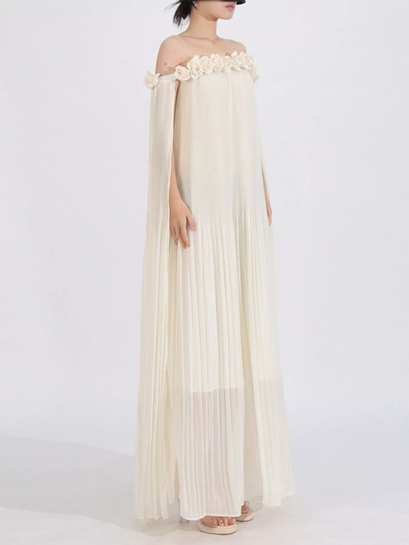Off-Shoulder Floral Pleated Maxi Dress