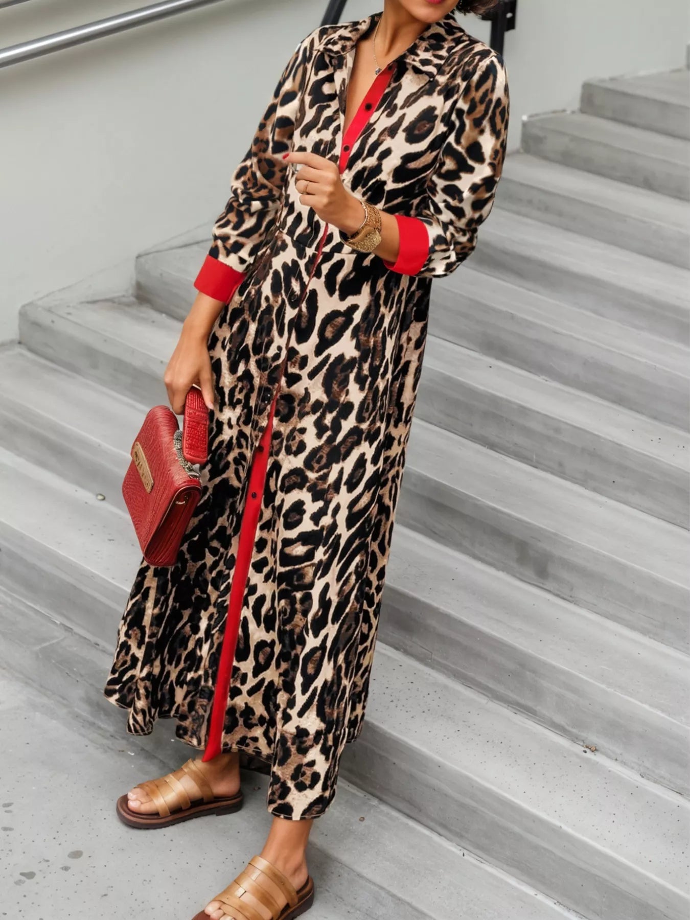 Leopard Print Long Sleeve Shirt Dress with Contrast Trim