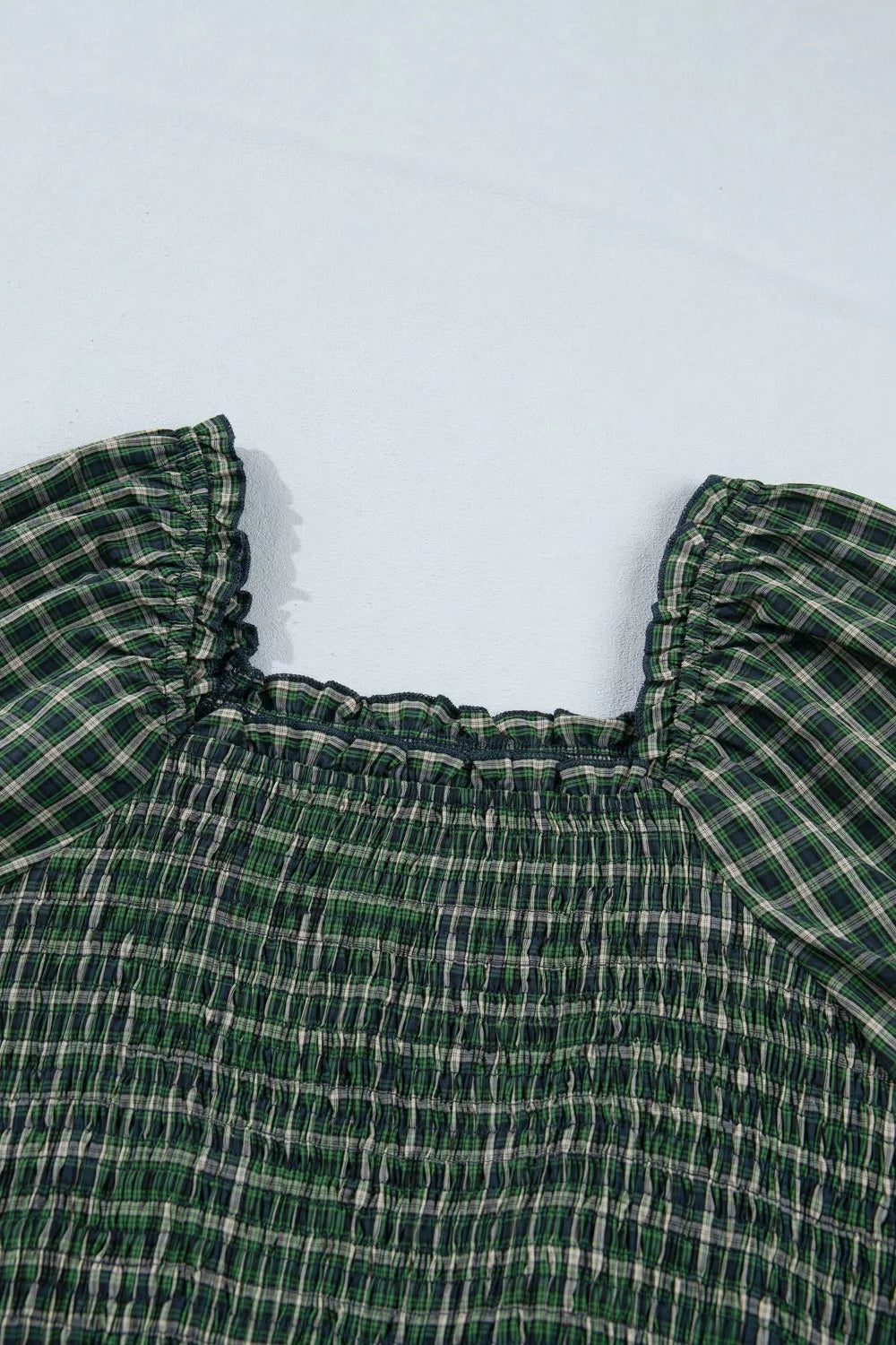 Plaid Square Neck Shirred High Waist Ruffle Hem Maxi Dress