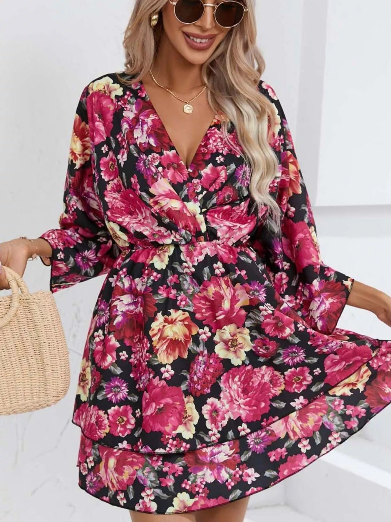 Floral Print Layered Ruffle Hem Mini Dress