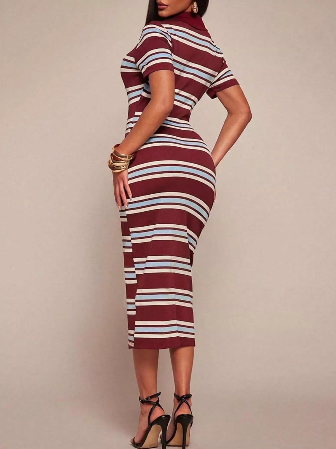 Striped Polo Collar Midi Dress