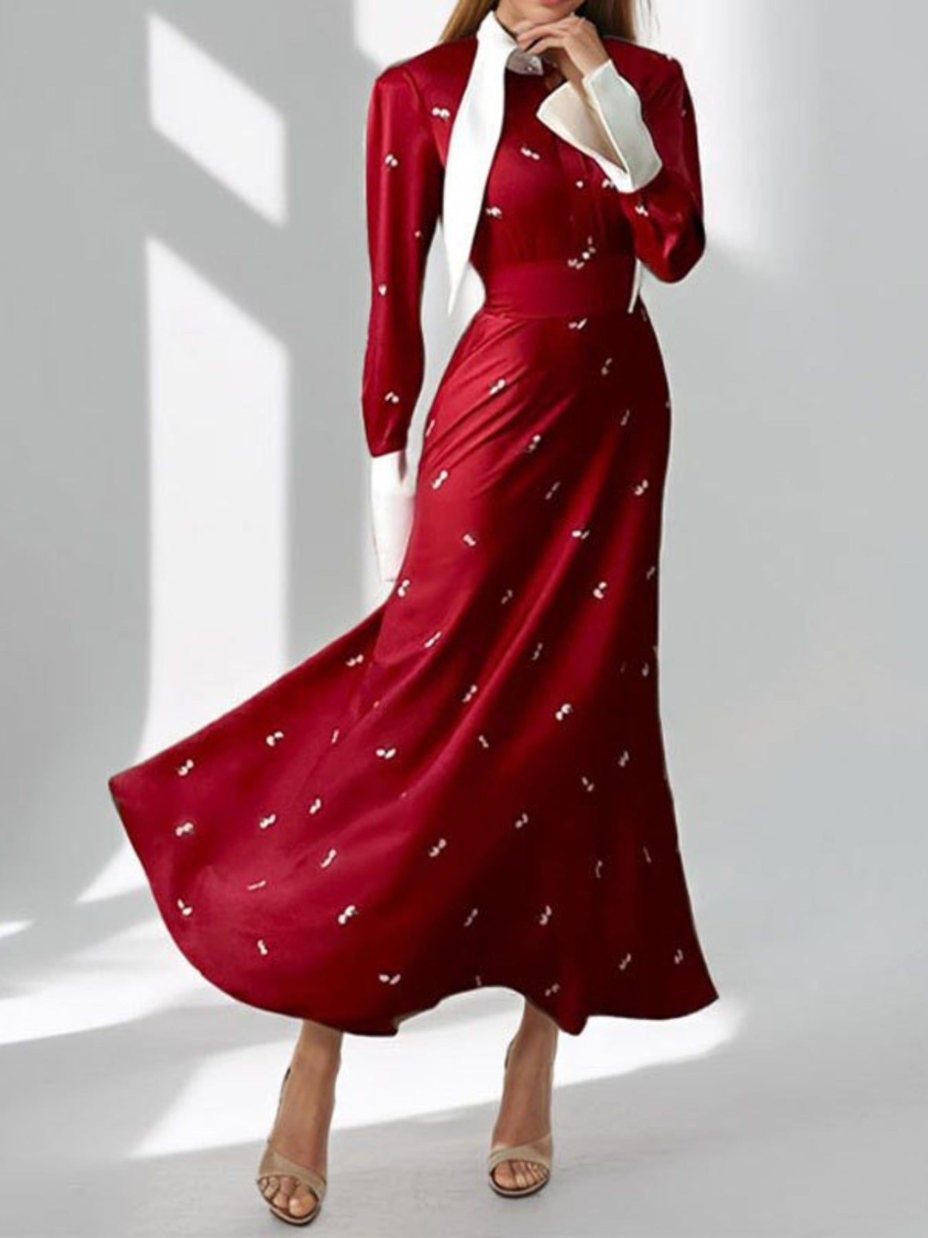 Full Size Contrast Collar Long Sleeve Midi Dress Plus Size