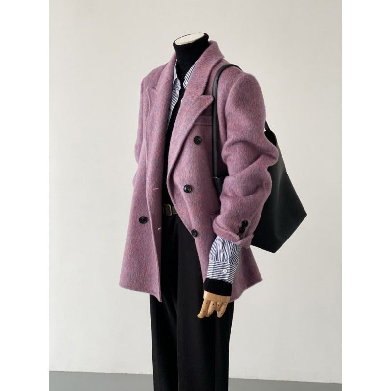 Womens Solid-Color Short Loose-Fit Double-Faced Cashmere Coat