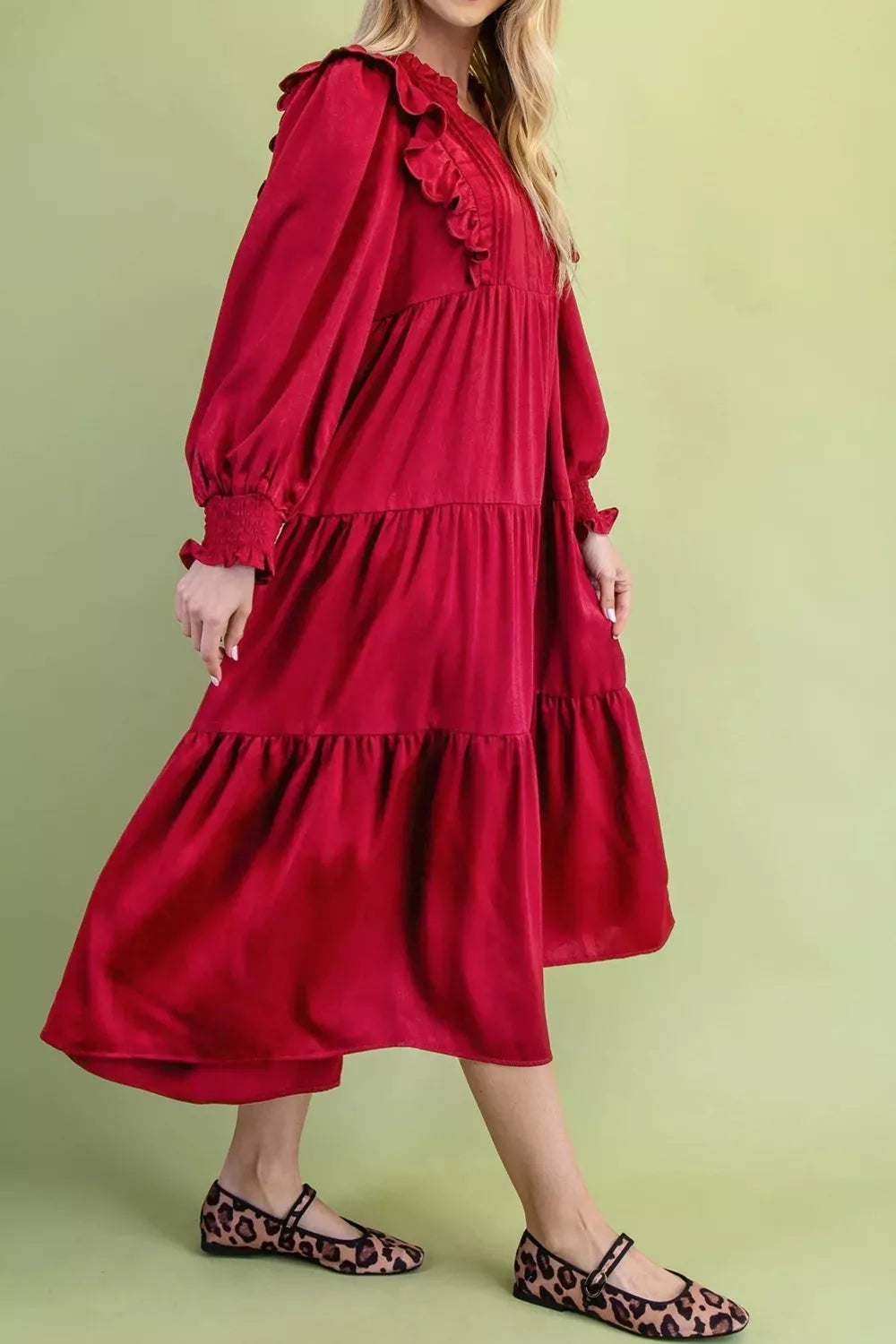 Solid Color Ruffle Trim Long Sleeve Tiered Shift Midi Dress