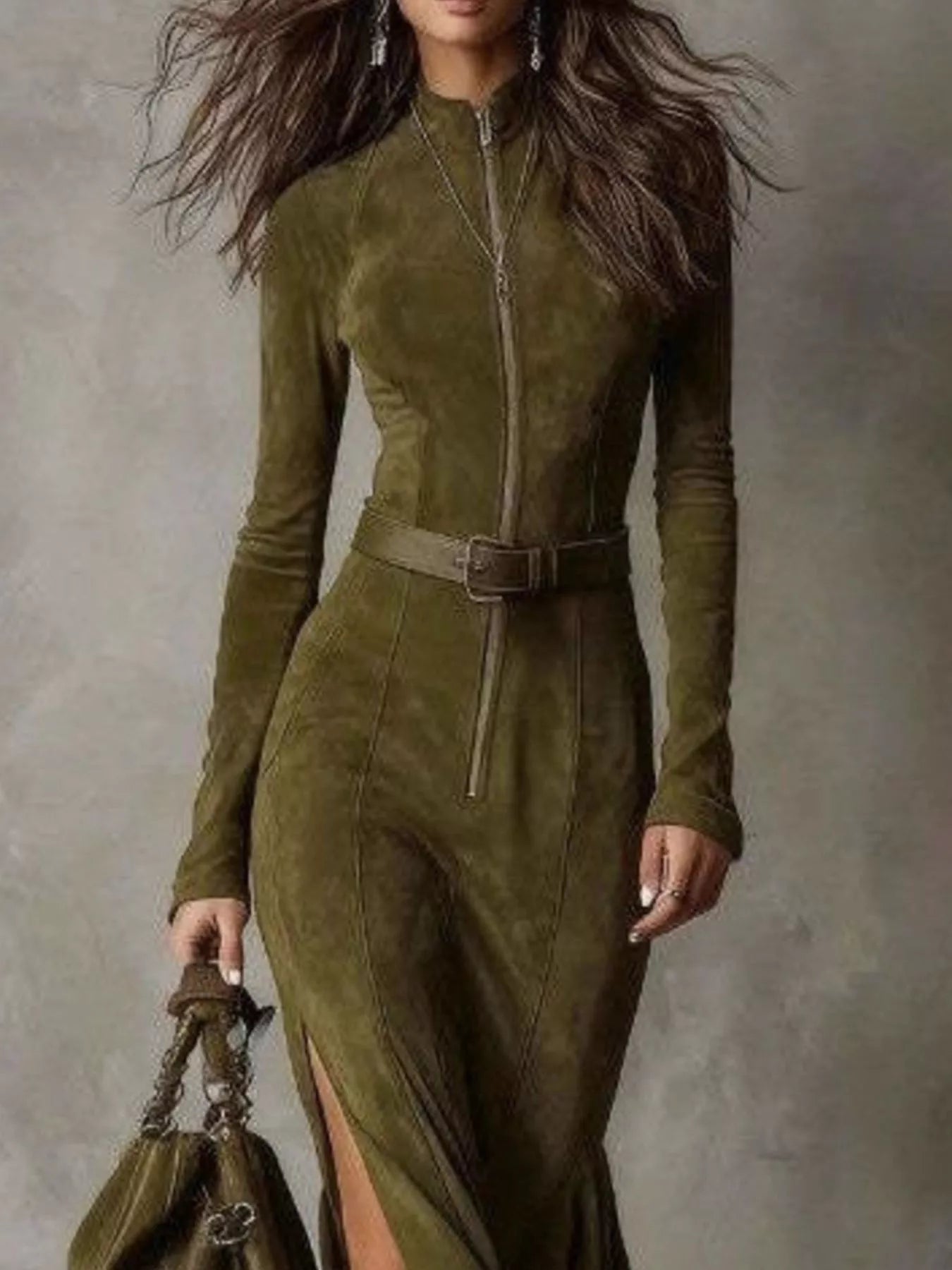 Full Size Slit Zip Front Long Sleeve Dress Plus Size