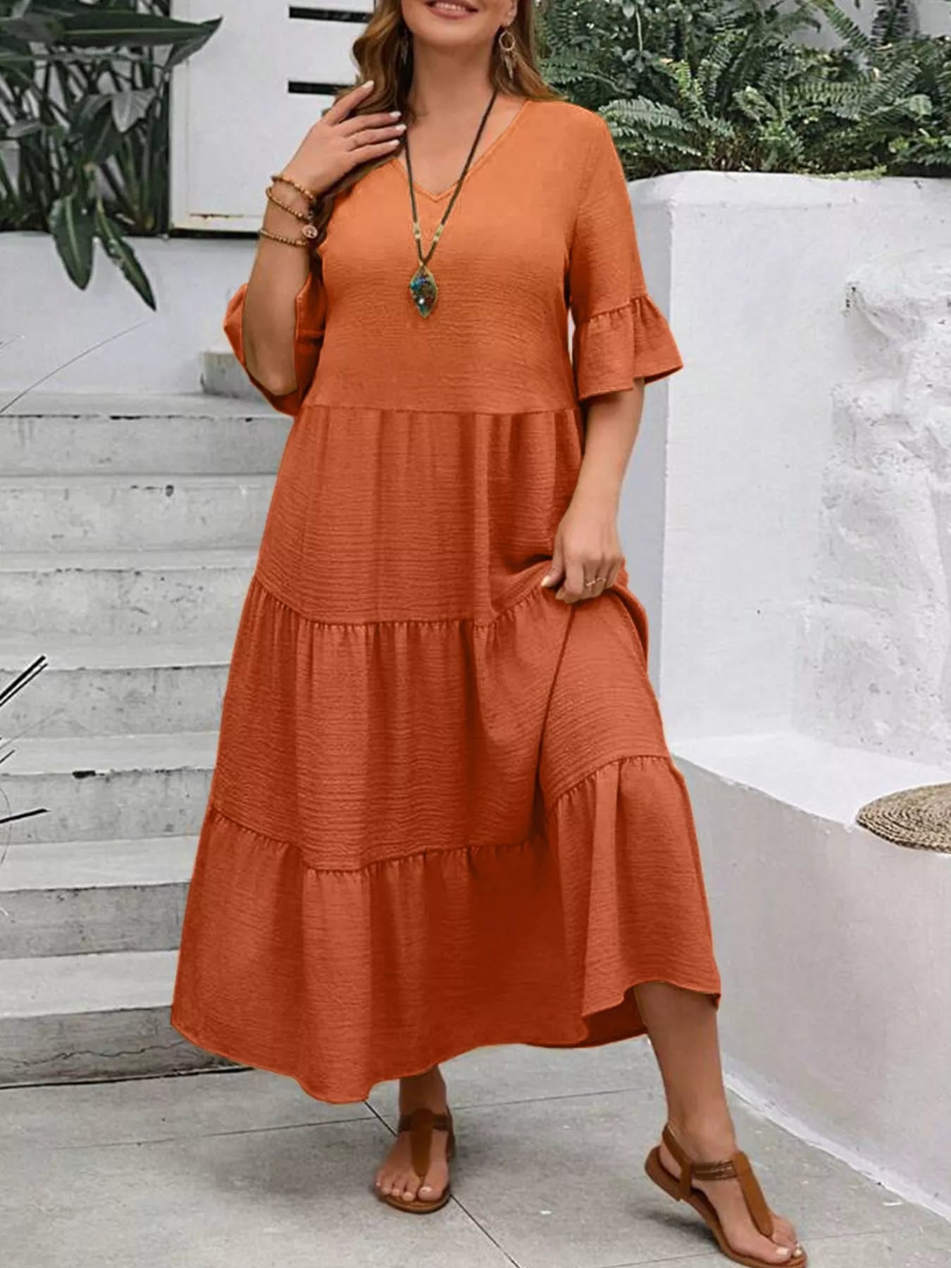 Plus Size Ruffle Sleeves Tiered Midi Dress