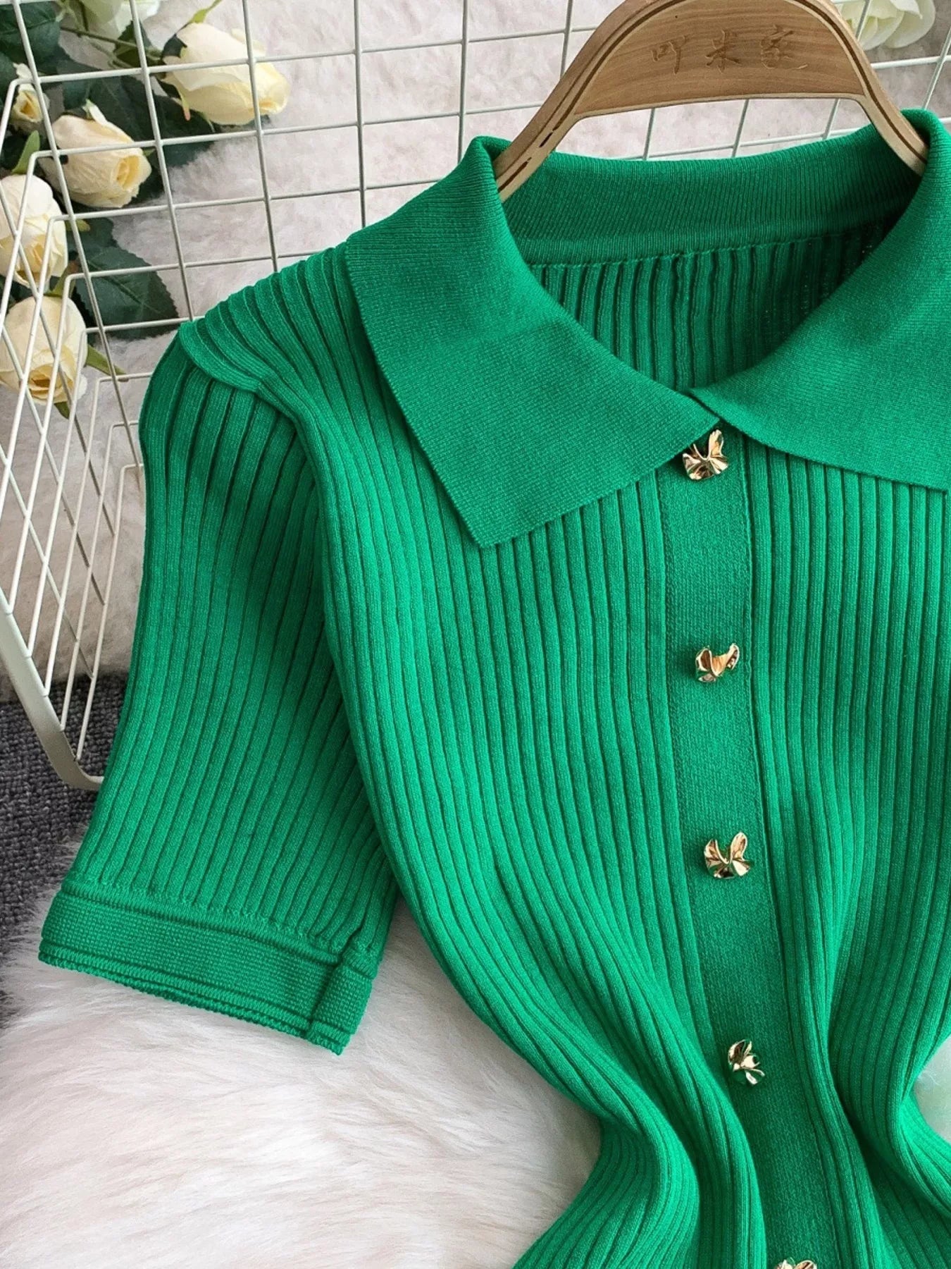 Button Front Ribbed Knit Midi Dress