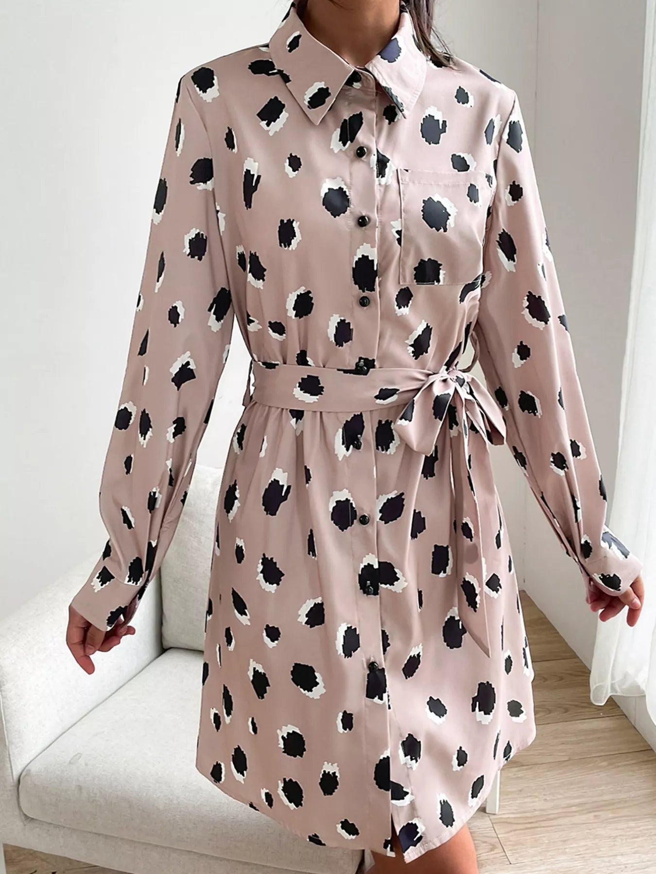 Printed Long Sleeve Mini Shirt Dress