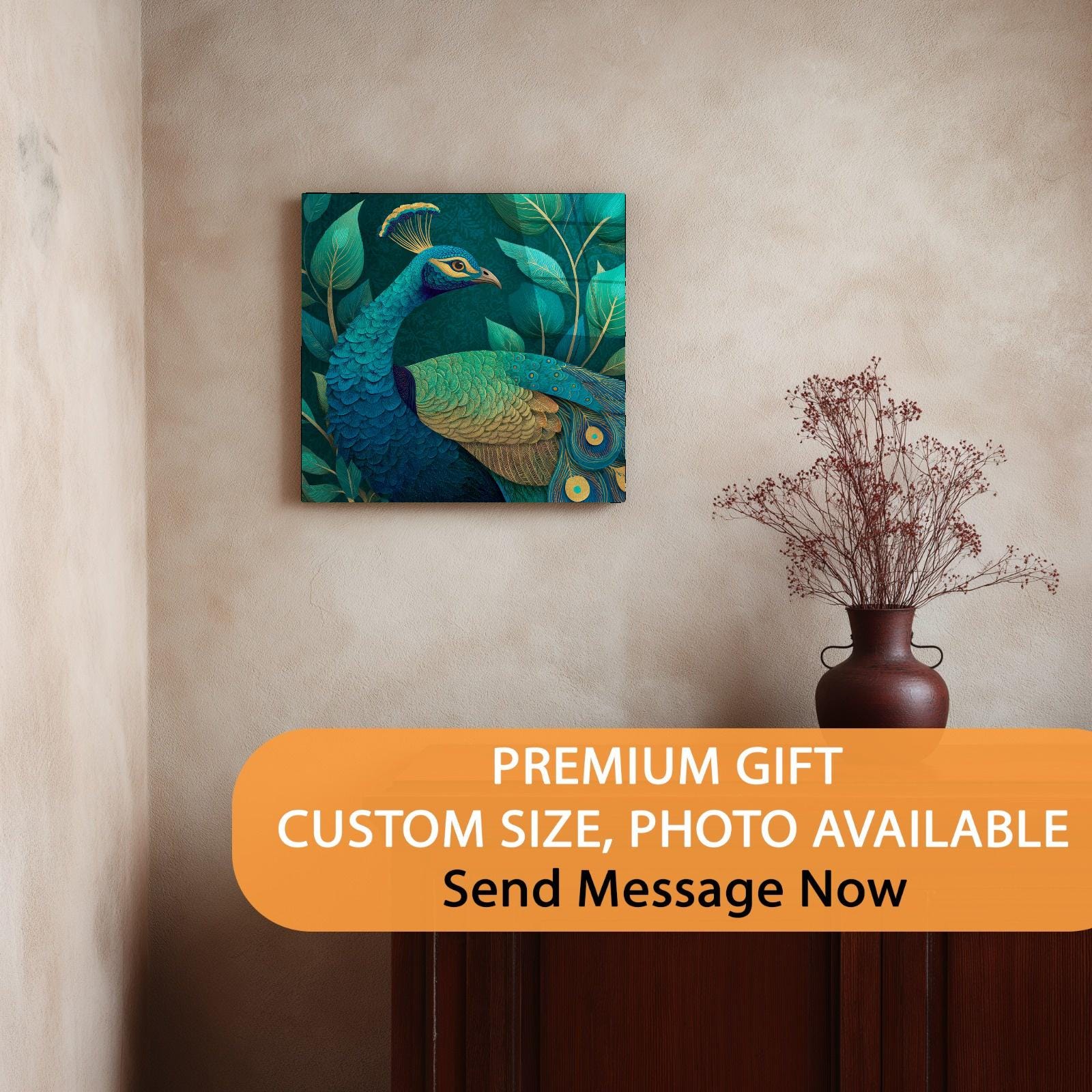 Teal & Gold Peacock Tempered Glass Wall Art | Elegant Home Decor