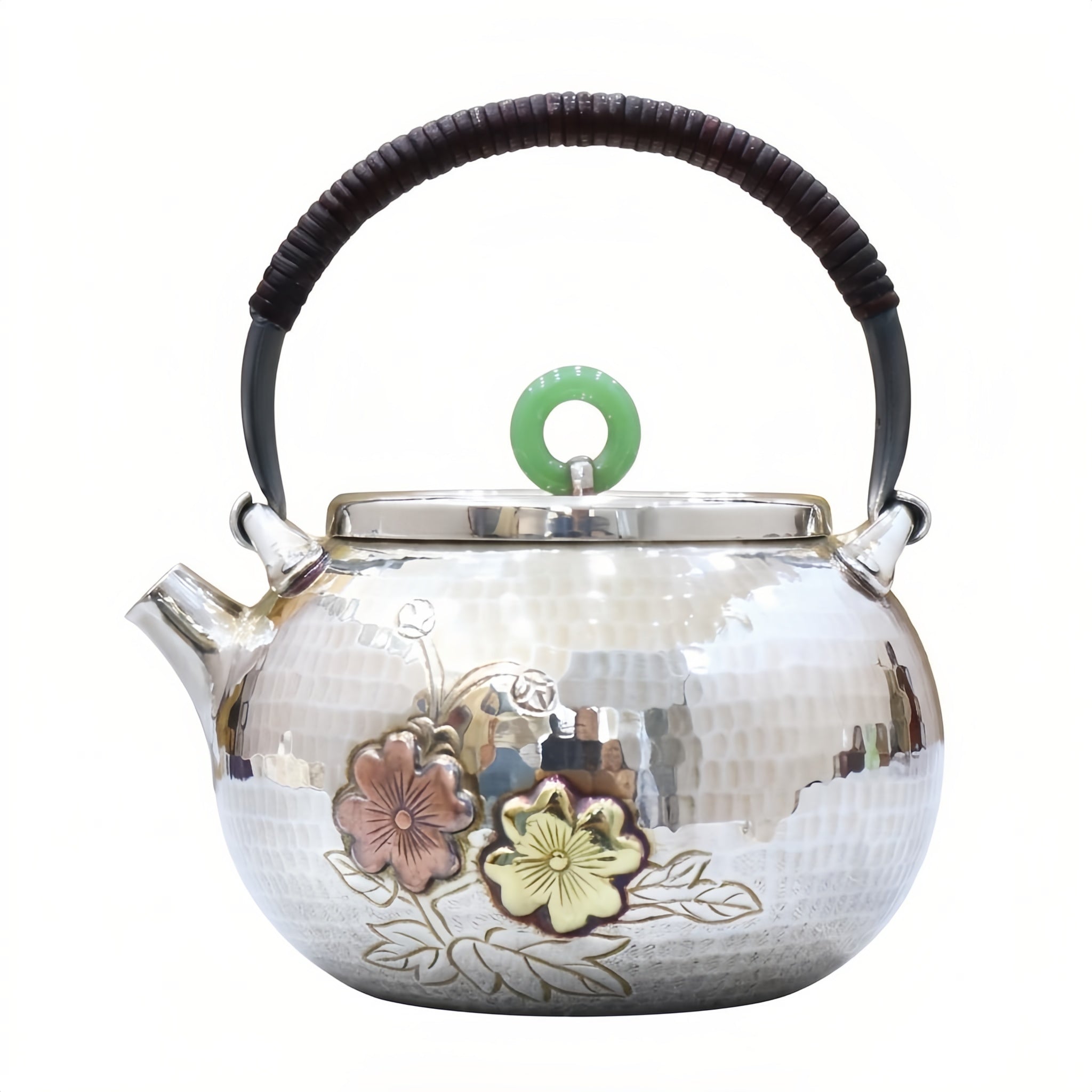 Pure 999 Fine Silver Elegant Hand-Hammered Silver Teapot with Floral Relief and Green Jade Finial - Handicraft