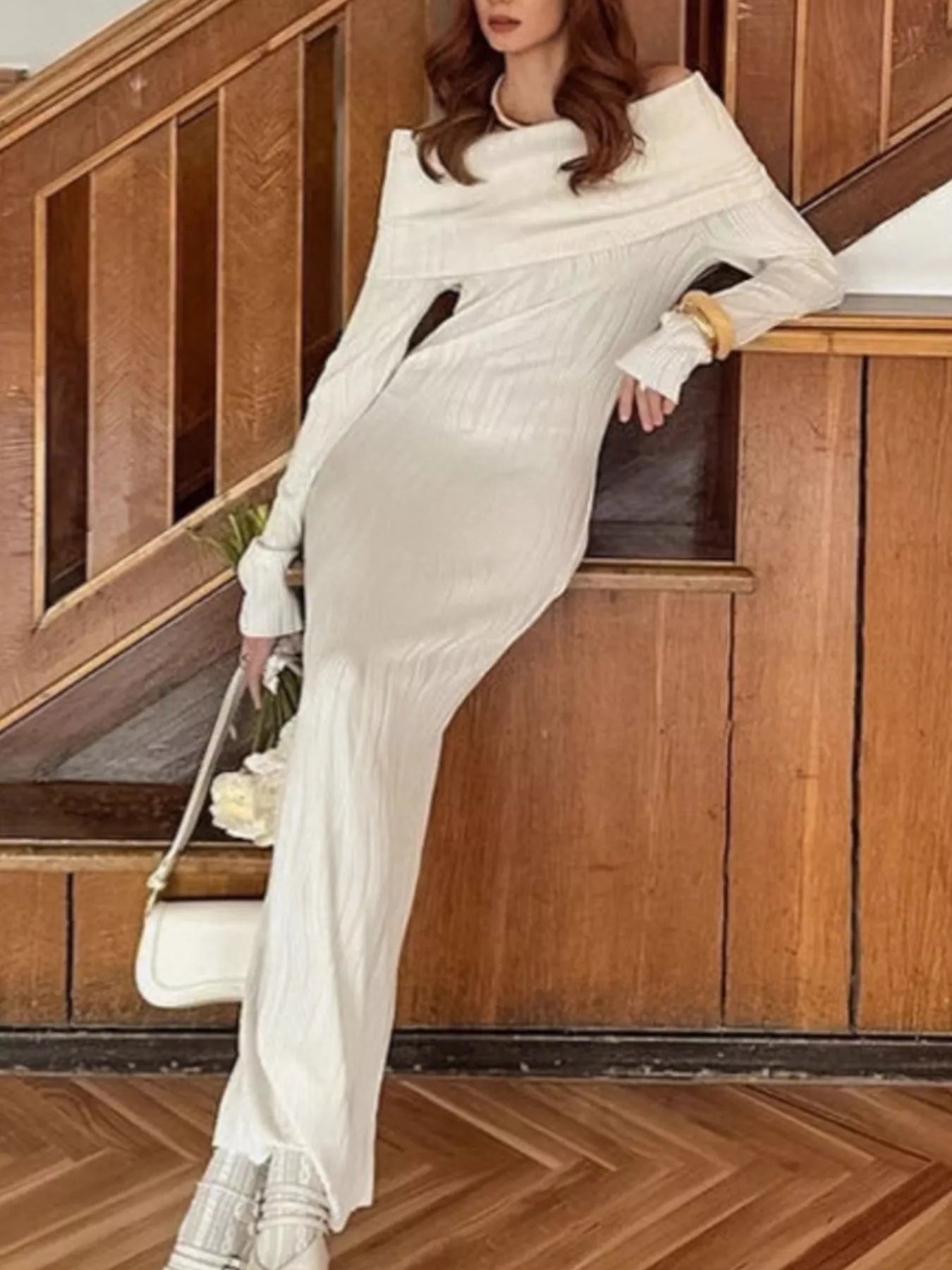 Off-Shoulder Textured Knit Maxi Dress