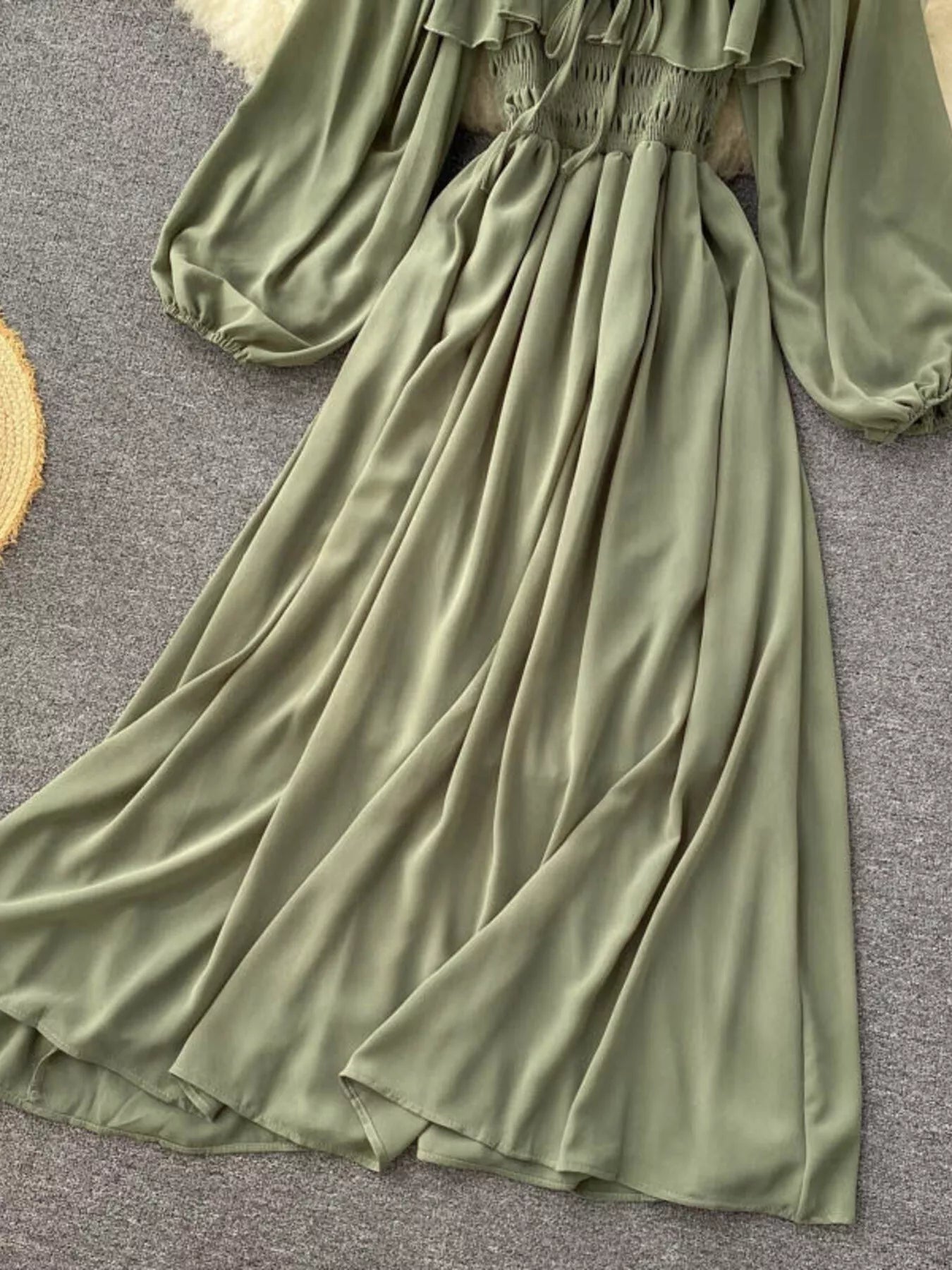 Ruffle Square Neck Balloon Sleeve A-Line Dress