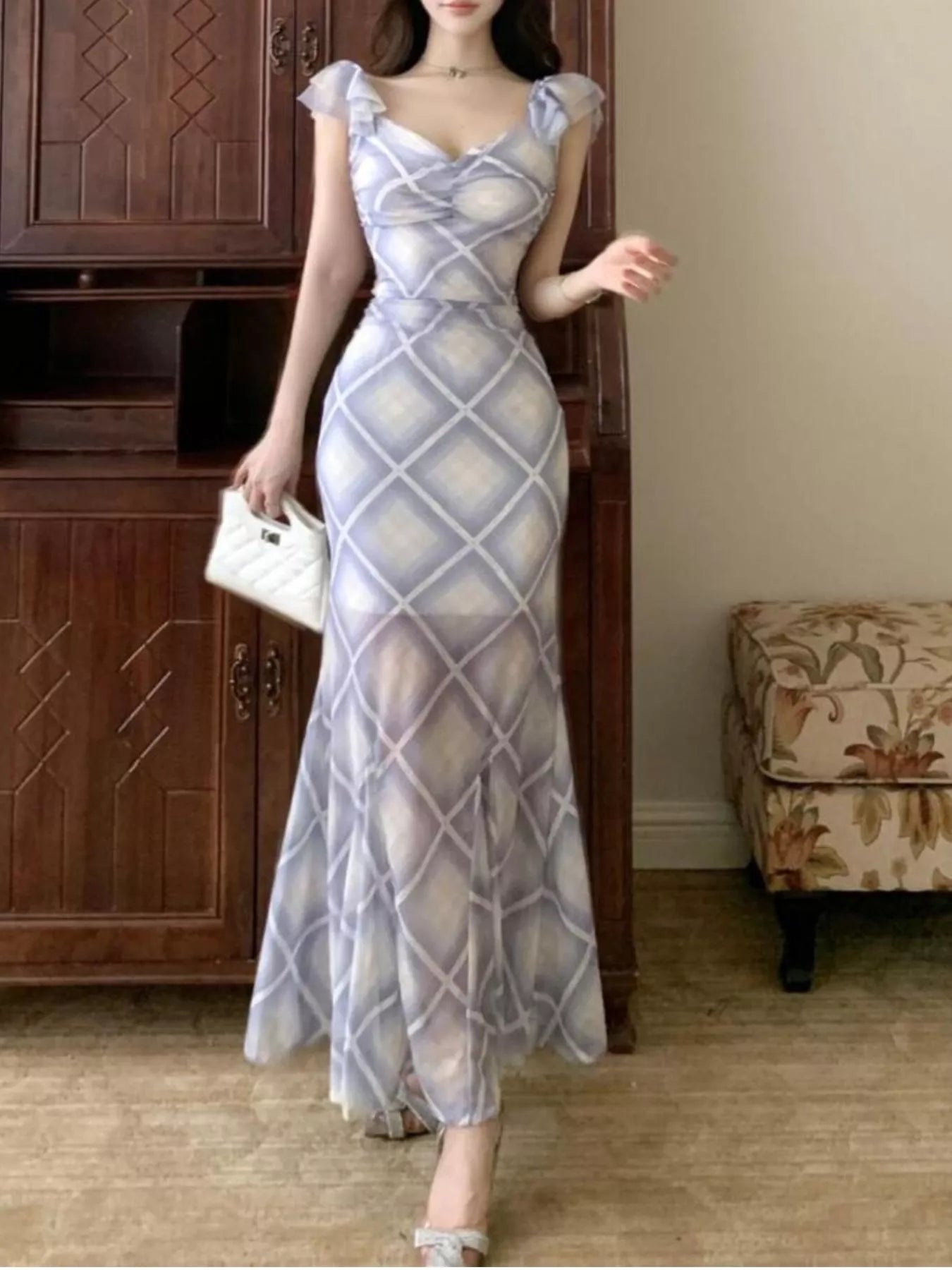 Plaid Ruffle Cap Sleeve Bodycon Maxi Dress