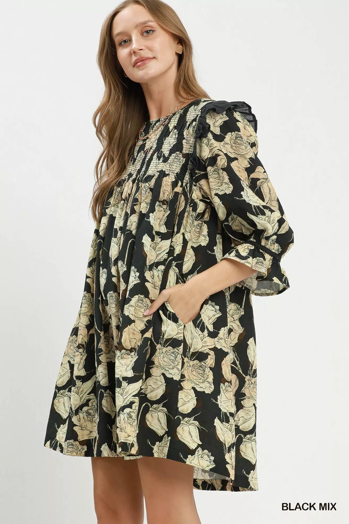 Umgee Mix Floral Print Smocked Ruffle Detail Flowy Dress