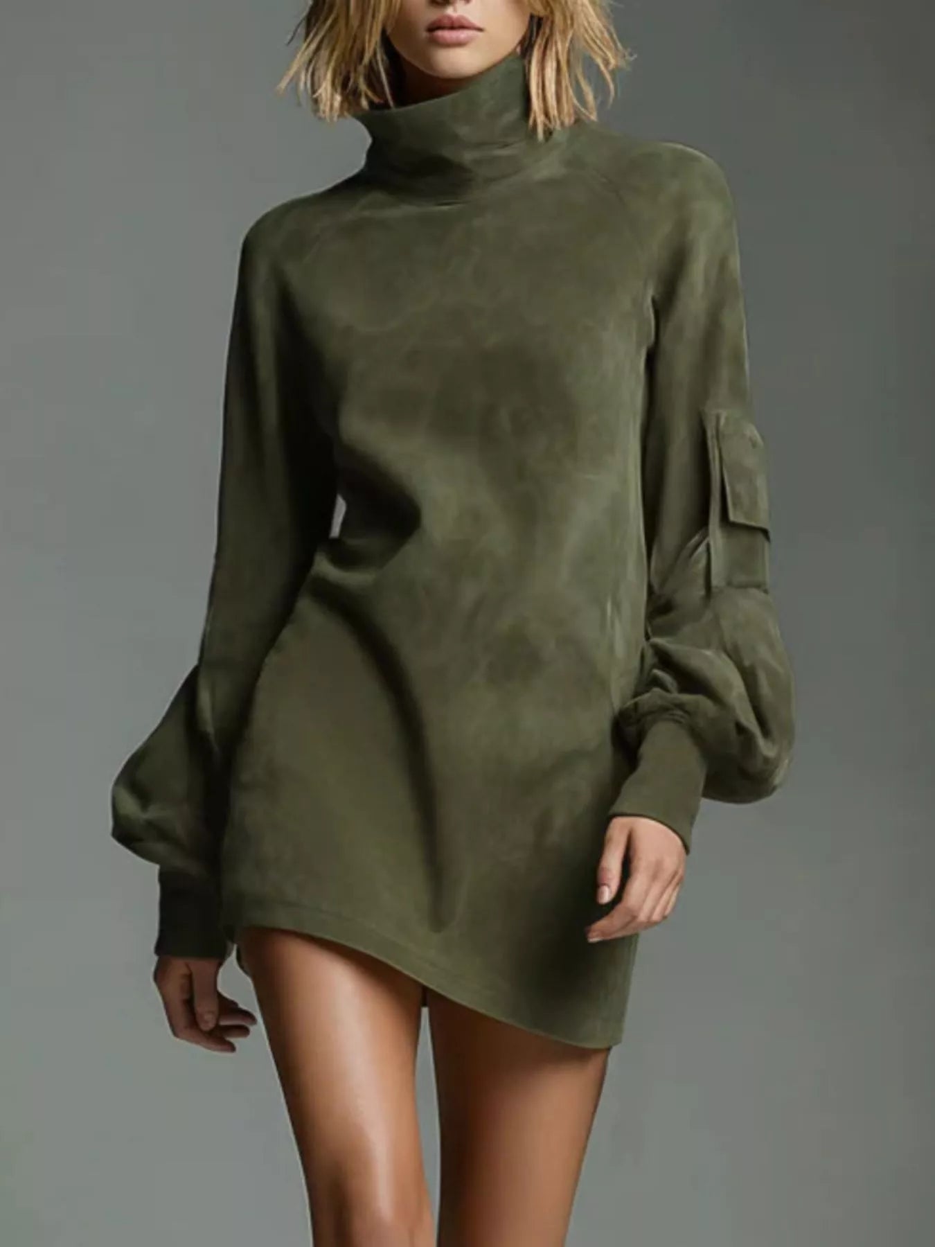Full Size Suede Turtleneck Lantern Sleeve Mini Dress Plus Size
