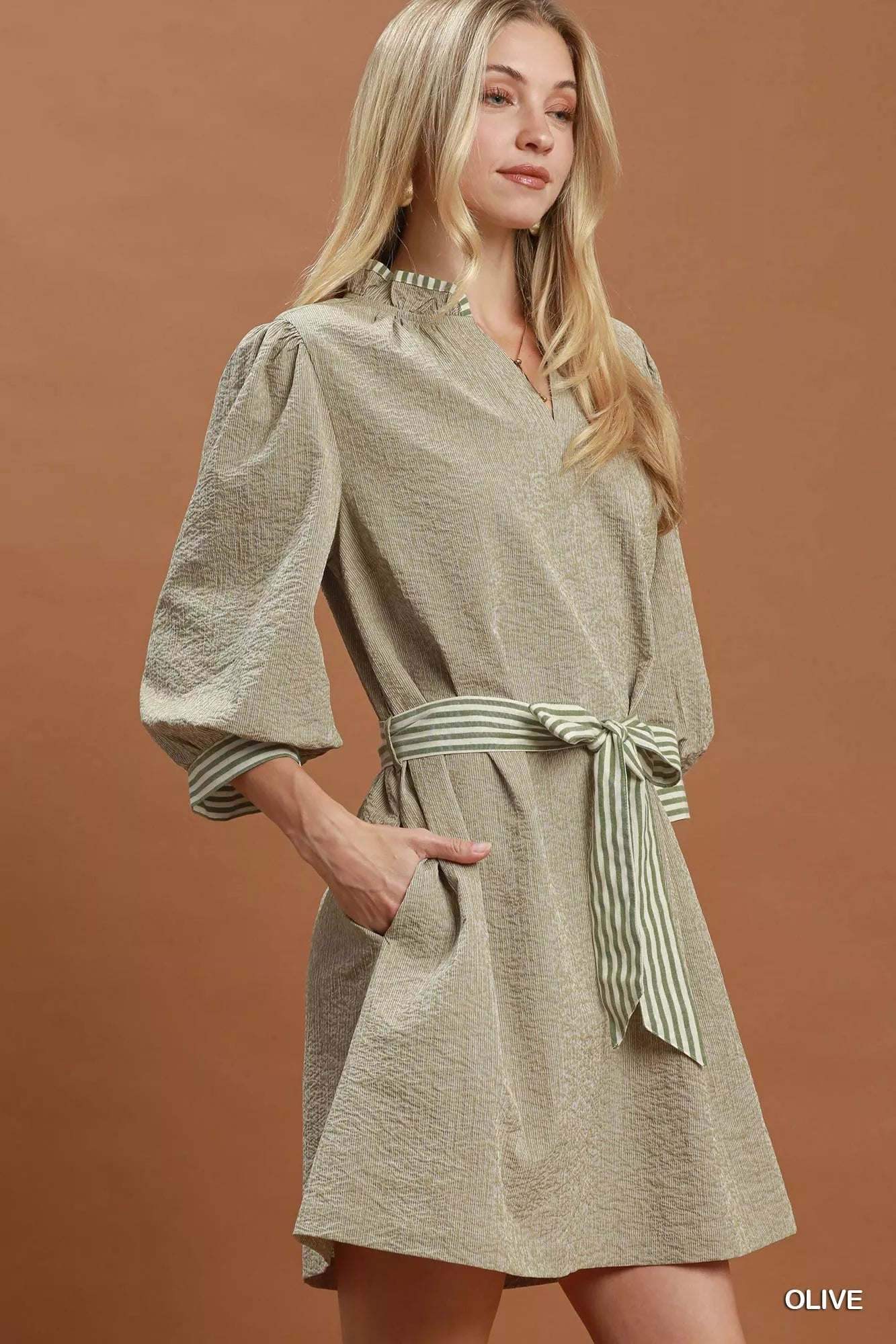 Umgee Textured Contrast Trim Tie Waist Mini Dress