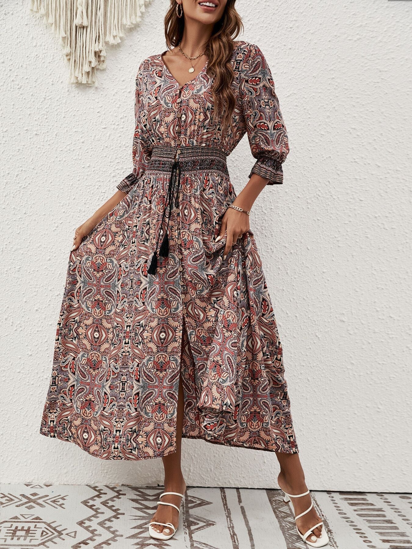 Paisley Print Half Sleeve Slit Midi Dress