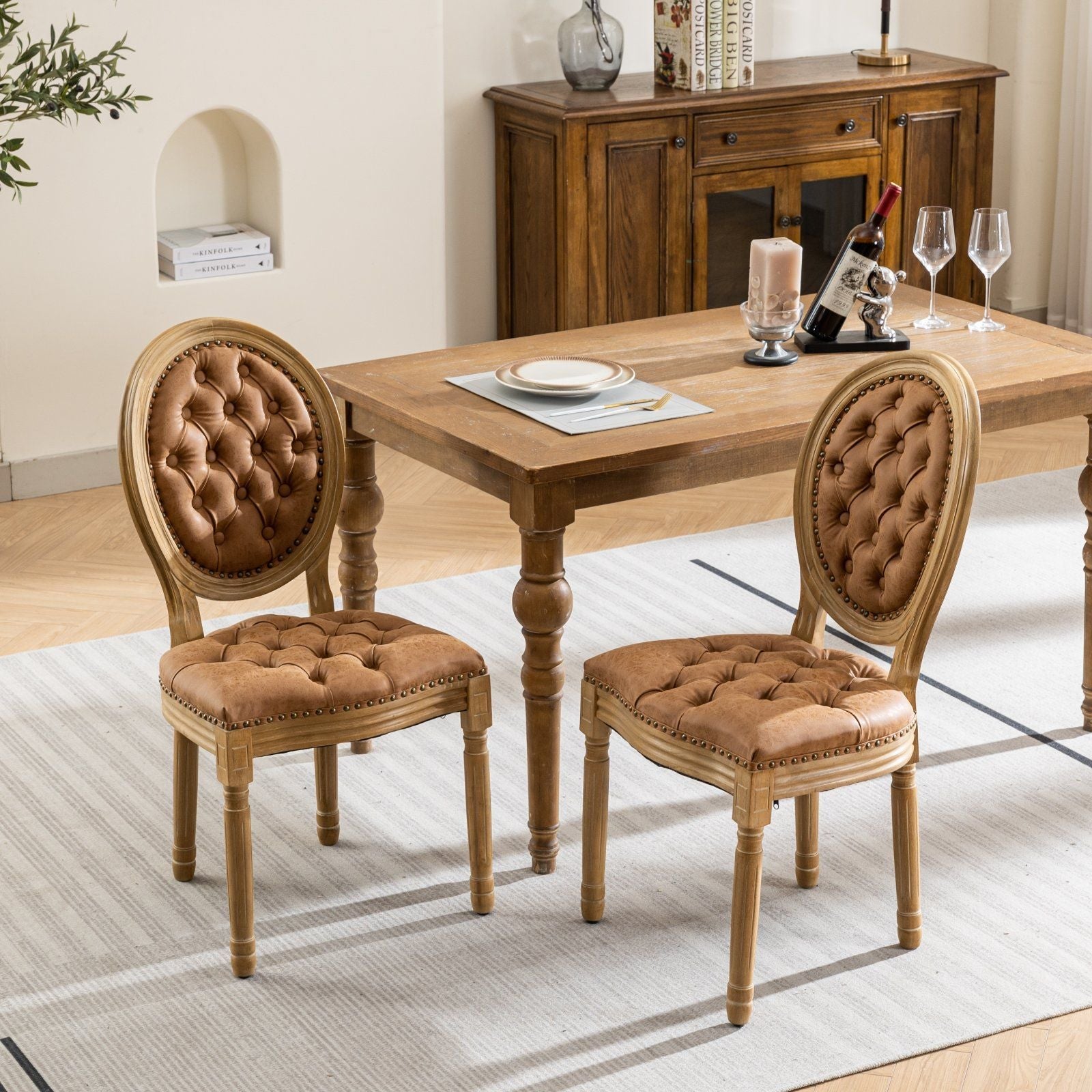 French Style Solid Wood Frame Antique Painting, Hand-Pulled Buckle Decoration Artificial Dining Chair With Nailhead Trim, Wood Legs