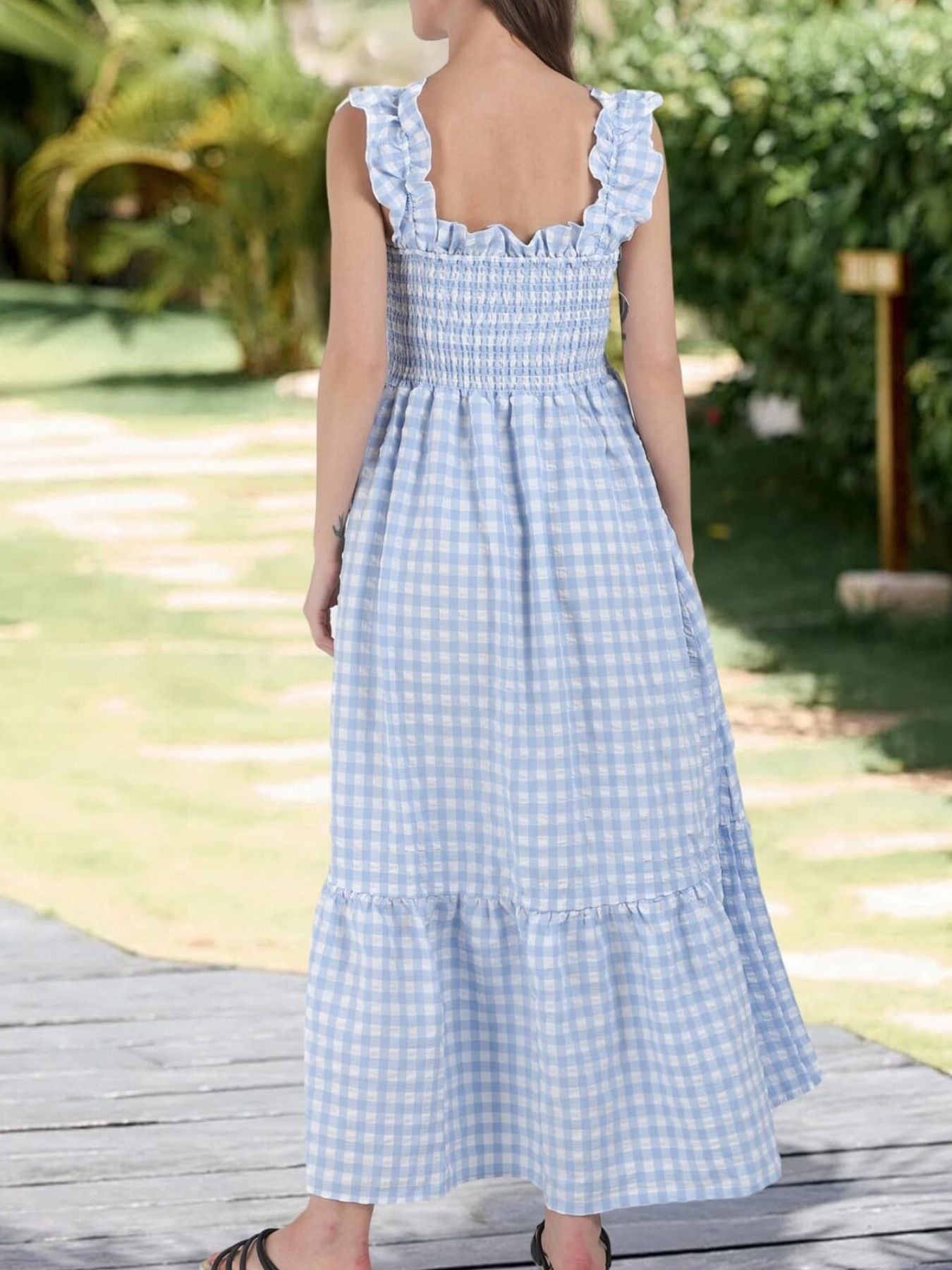 Ruffled Sleeveless Gingham Midi Dress