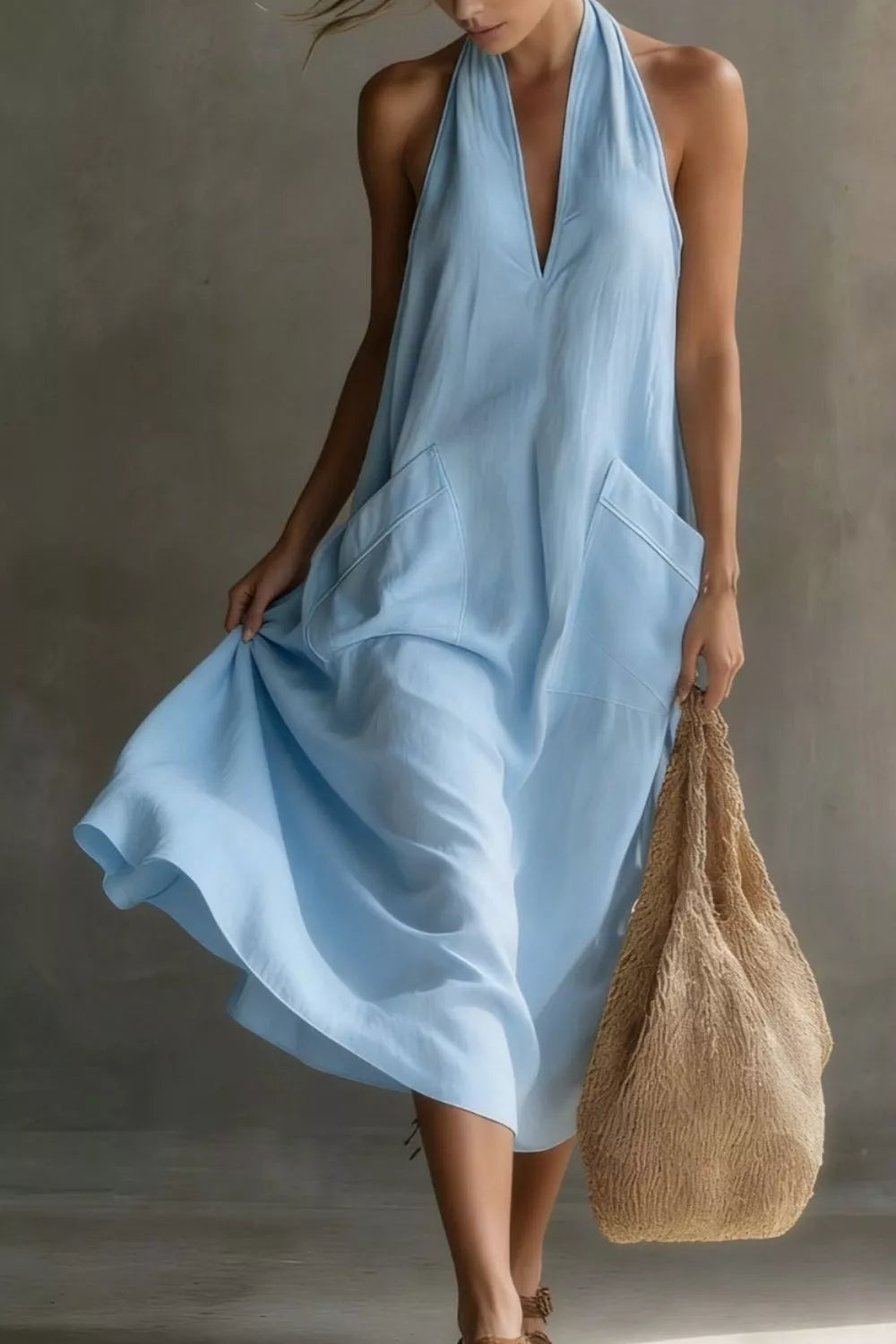 Casual Halter Neck Pocket Midi Dress