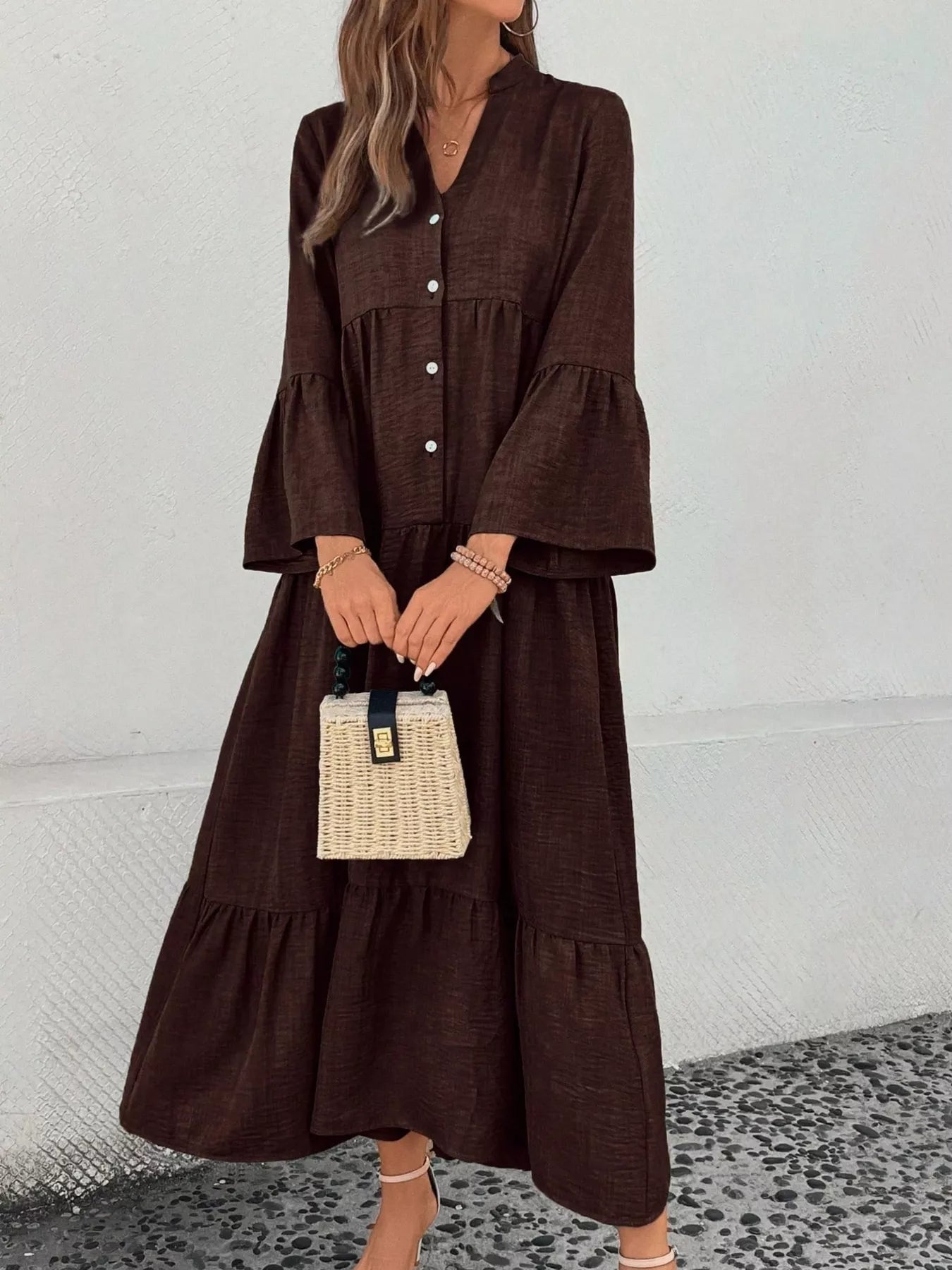 Ruffle Hem Button Front Tiered Dress