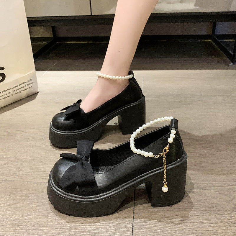 Pearl Bow High-heeled Leather Shoes