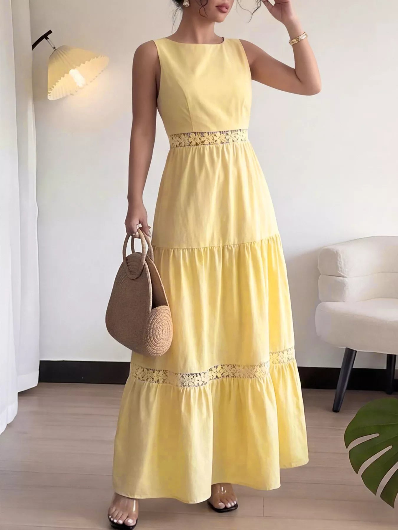 Lace Trim Sleeveless Tiered Maxi Dress