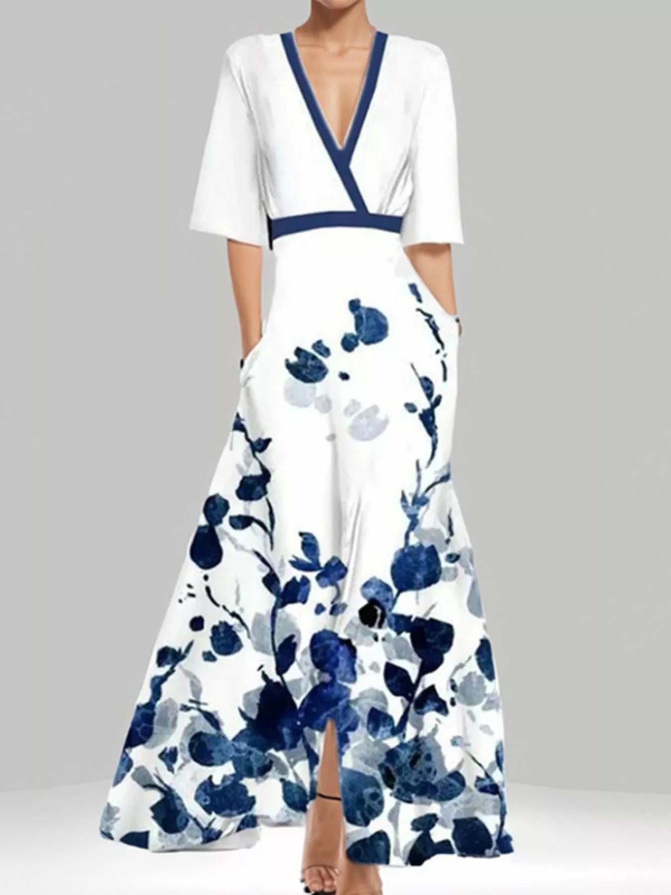 Floral Print Half Sleeve Maxi Dress with Pockets