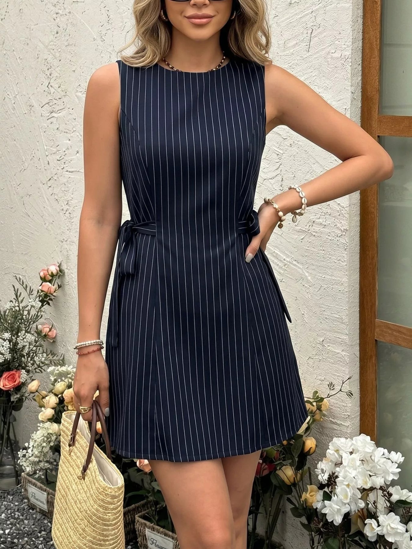 Striped Sleeveless Tie Waist Dress