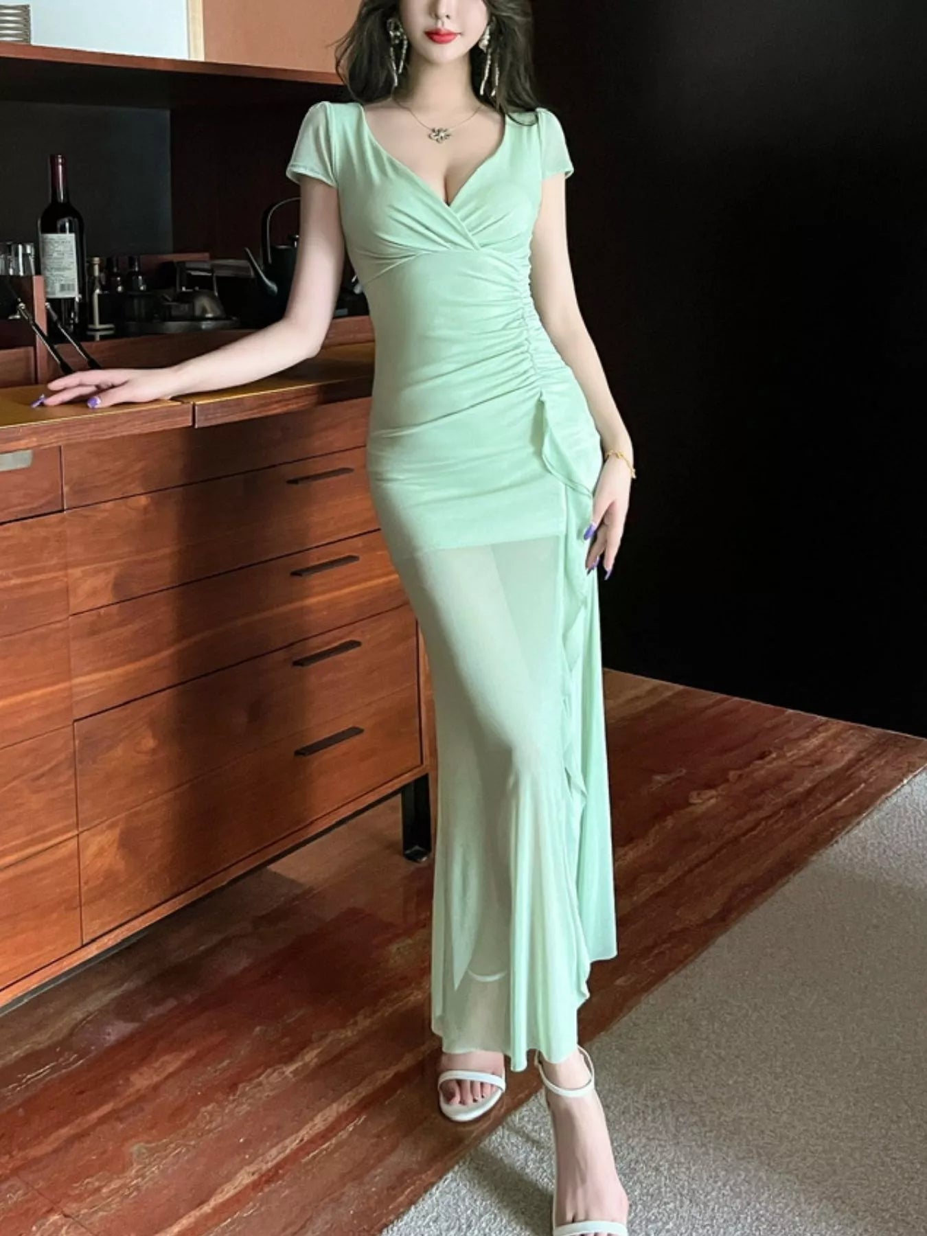 Tie-Dye Surplice Ruffle Slit Dress