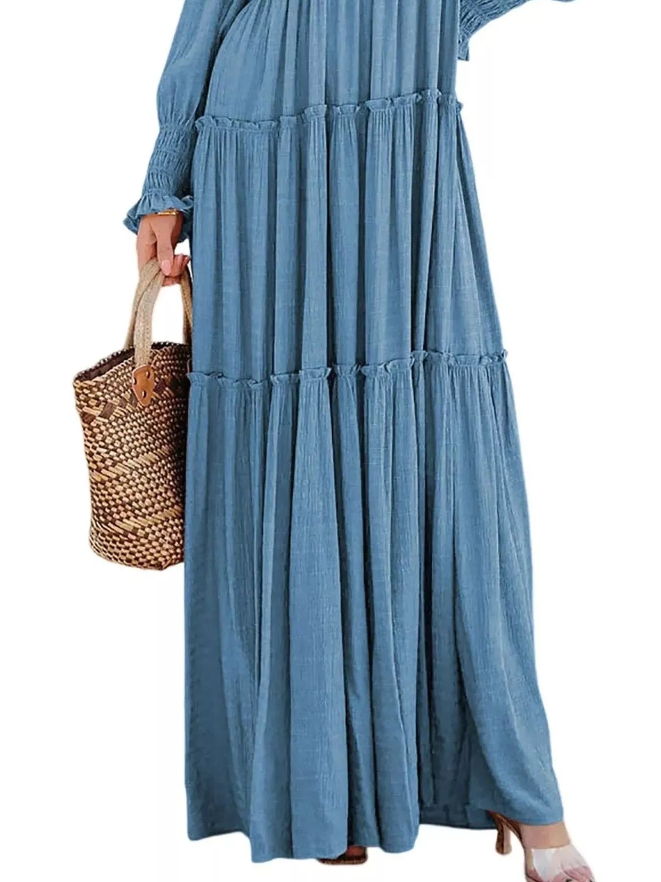 V-Neck Long Sleeve Tiered Maxi Dress