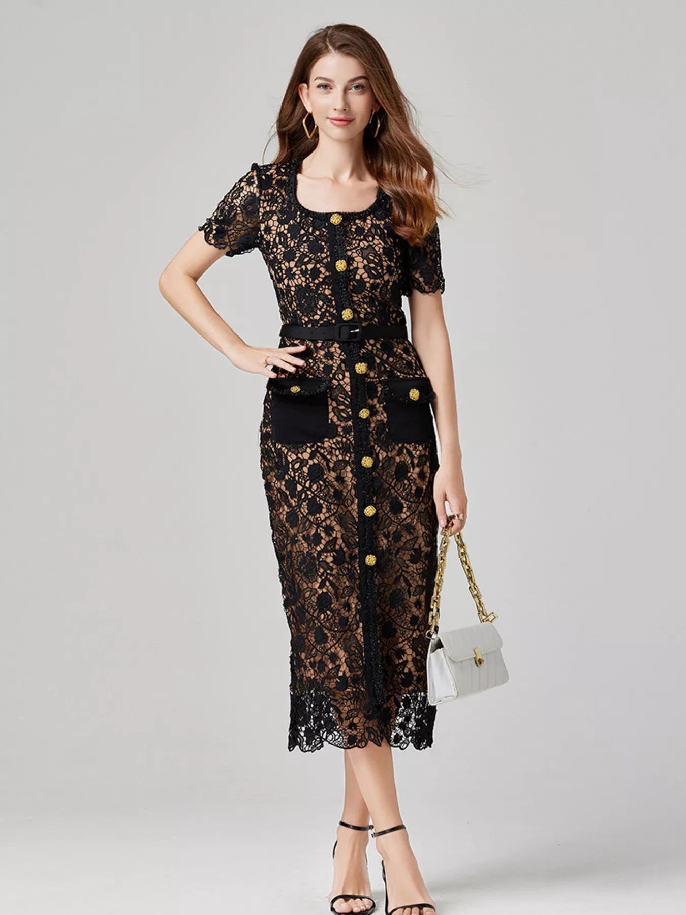 Lace Button-Up Midi Dress