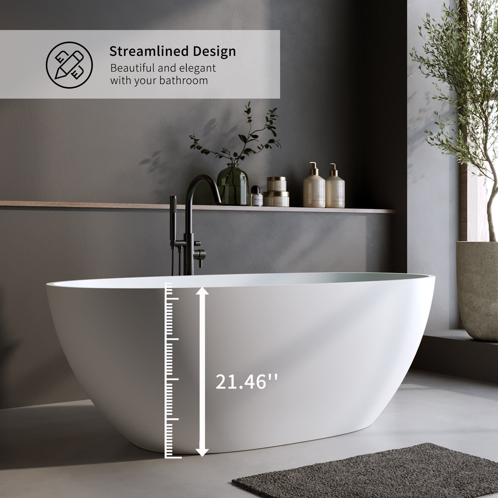 Solid Surface Matte Tub - 70.8" Freestanding Bathtub