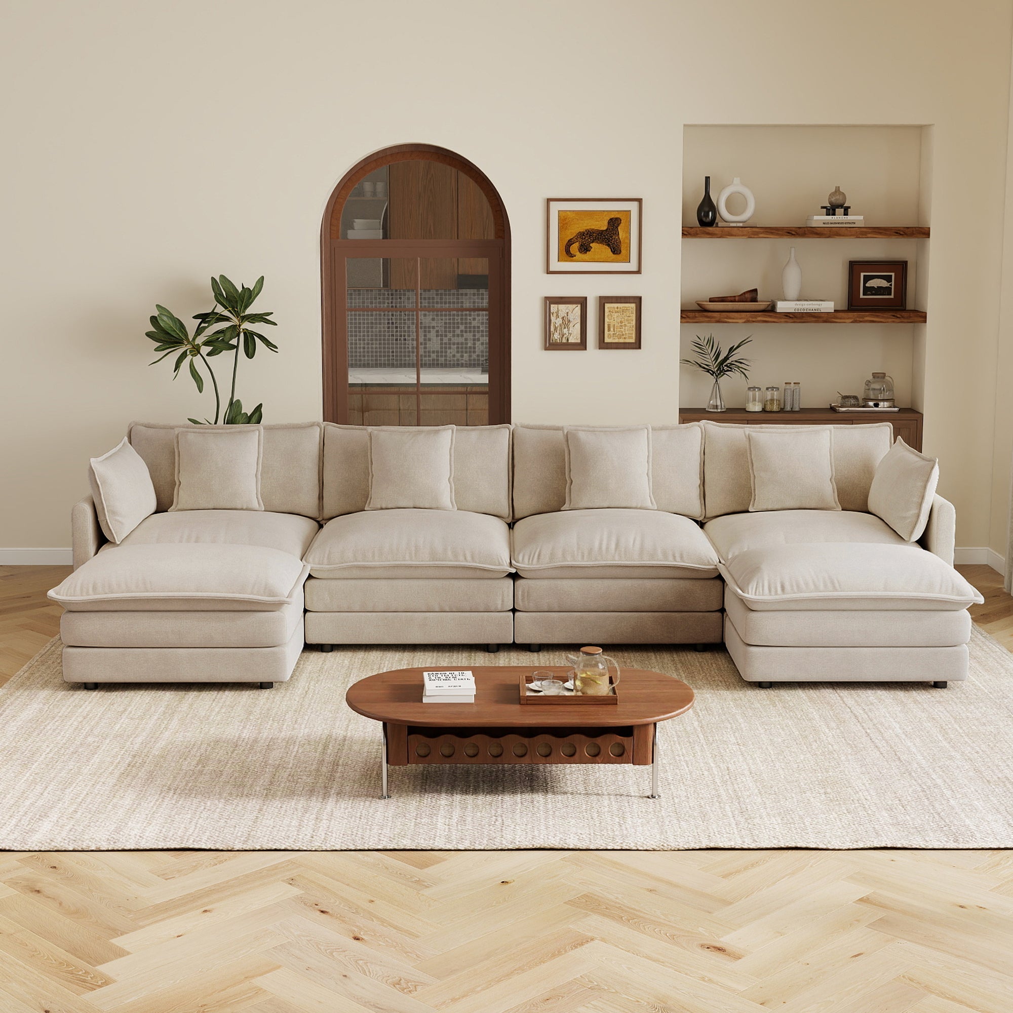 Oversized U Shape Sofa, Modern Upholstered 4 Seater Sofa with 2 Ottomans
