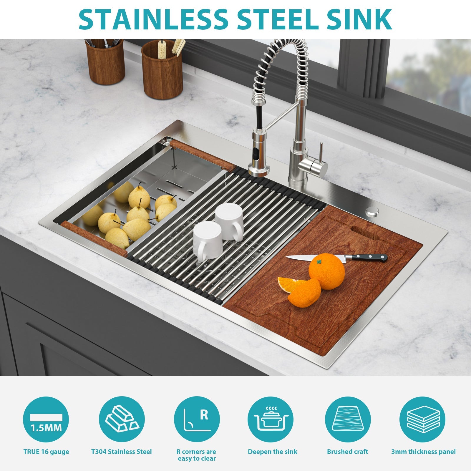 Topmount Drop-In Kitchen Sink - 33"x22" Double Bowl