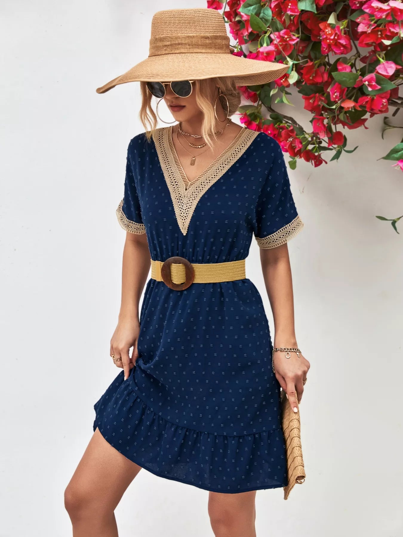 V-Neck Swiss Dot Ruffle Hem Mini Dress