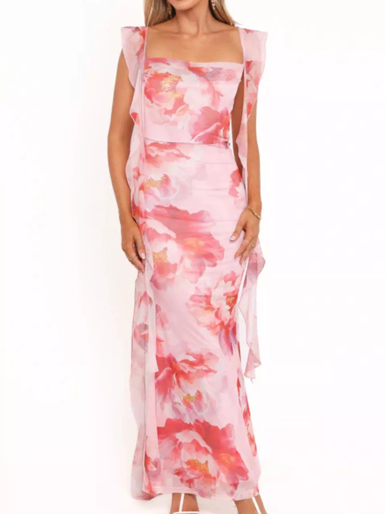 Floral Print Ruffle Trim Bodycon Maxi Dress