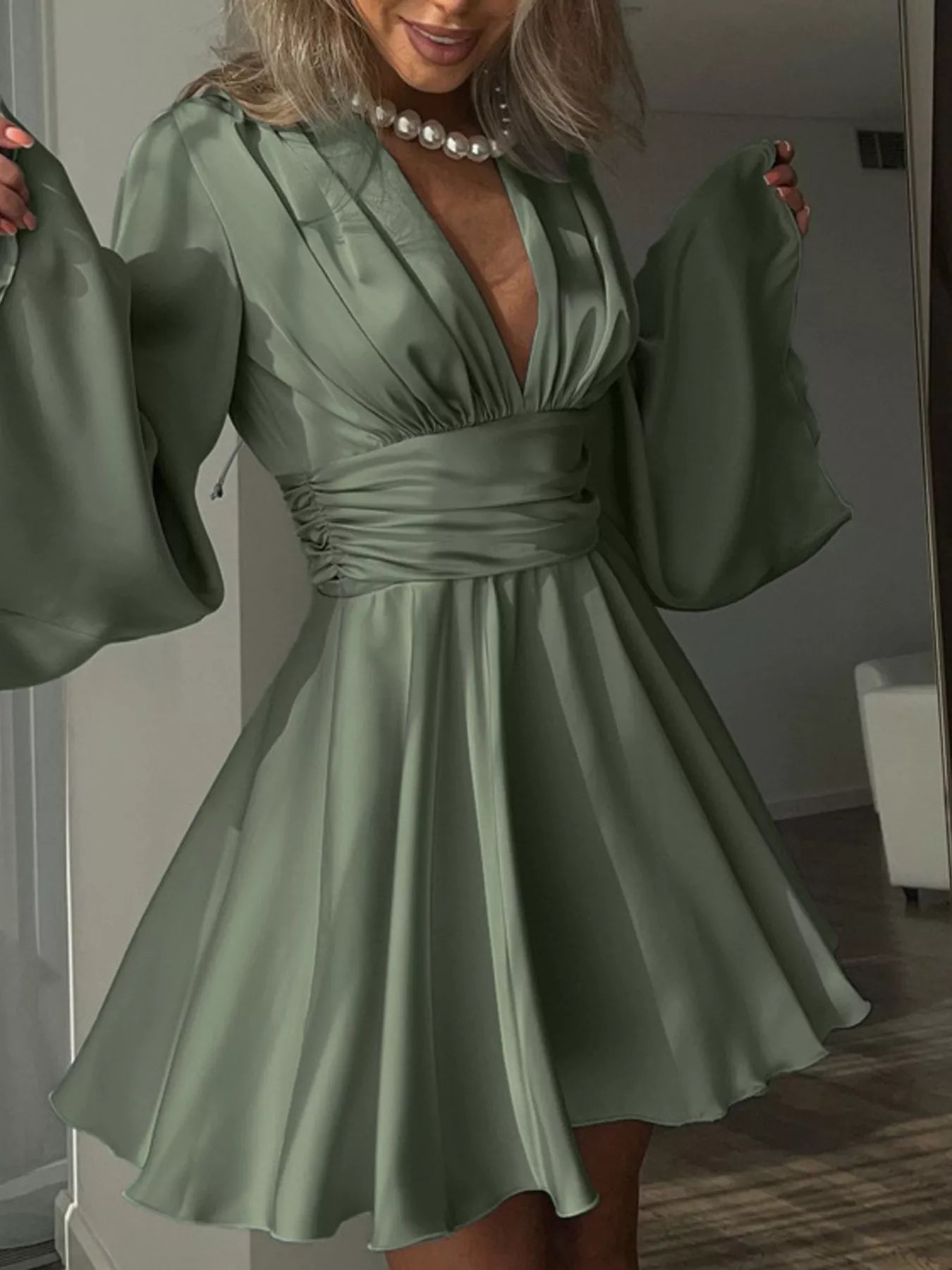 V-Neck Satin Mini Dress with Flowy Sleeves