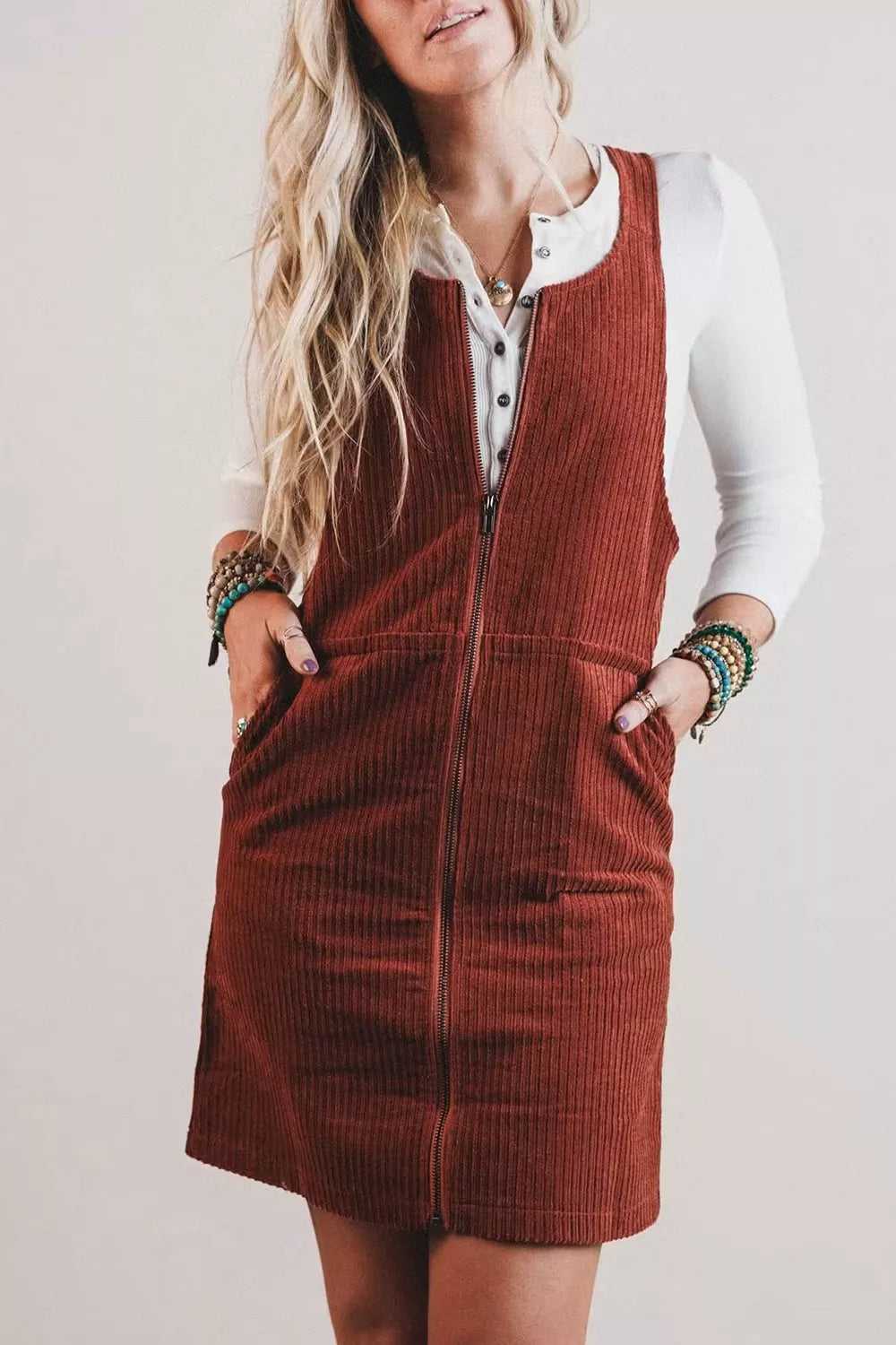 Ribbed Corduroy Zip-Up Sleeveless Pocket Sheath Dress
