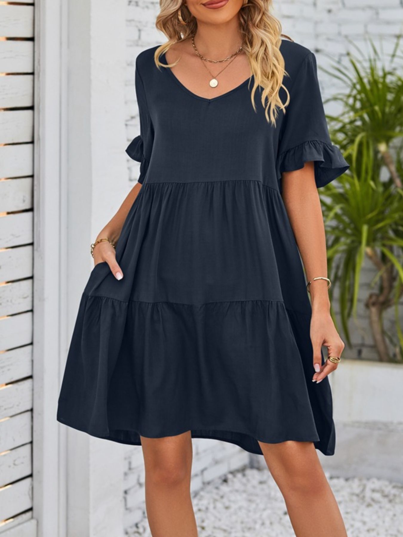 Ruffled Sleeve Tiered Mini Dress