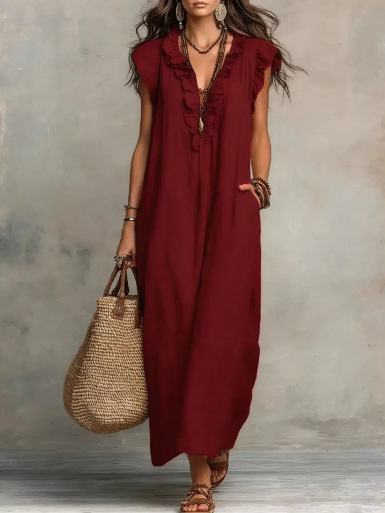 Ruffled V-Neck Maxi Dress