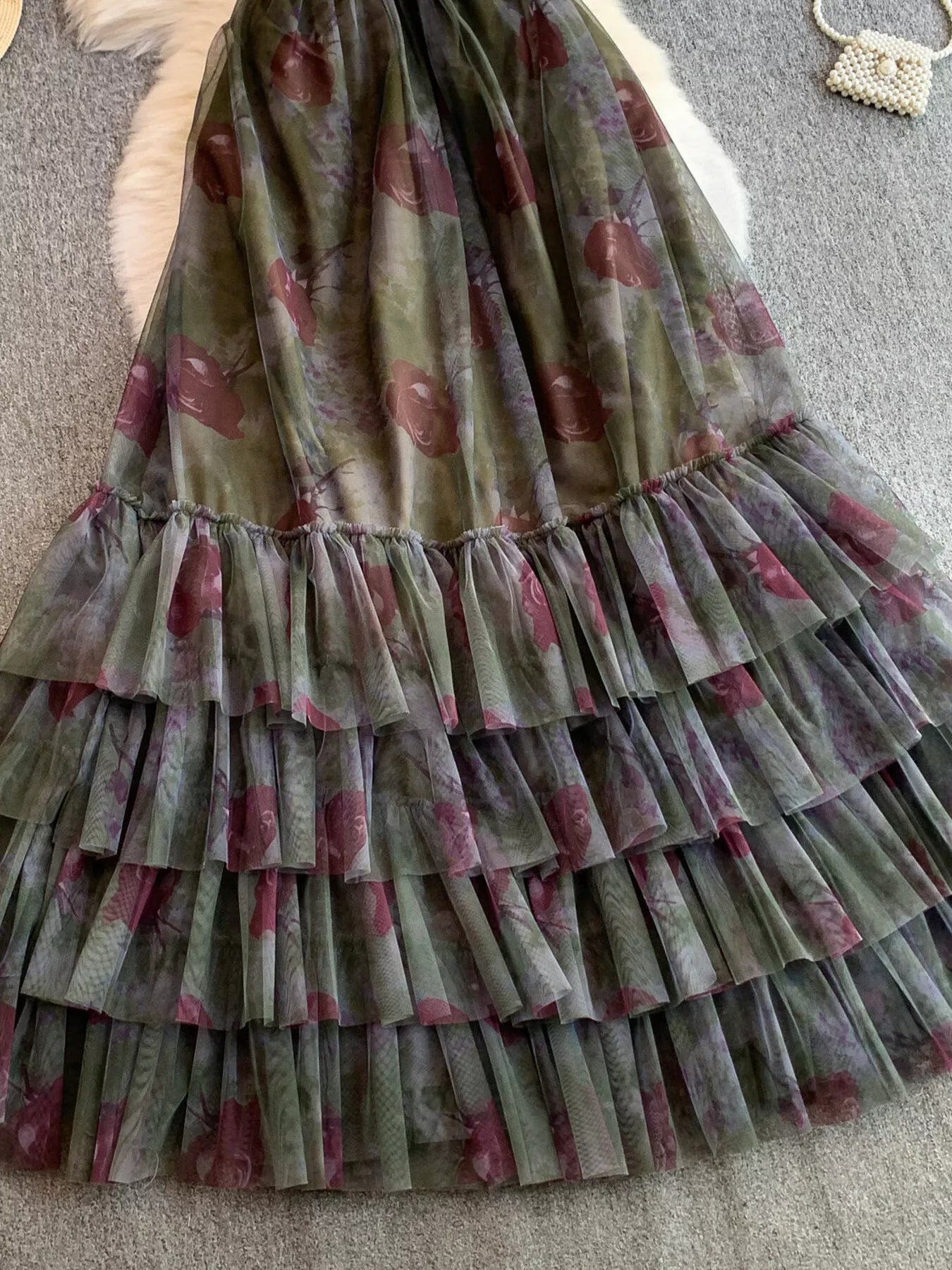 Floral Print Ruffled Layered Mesh Dress