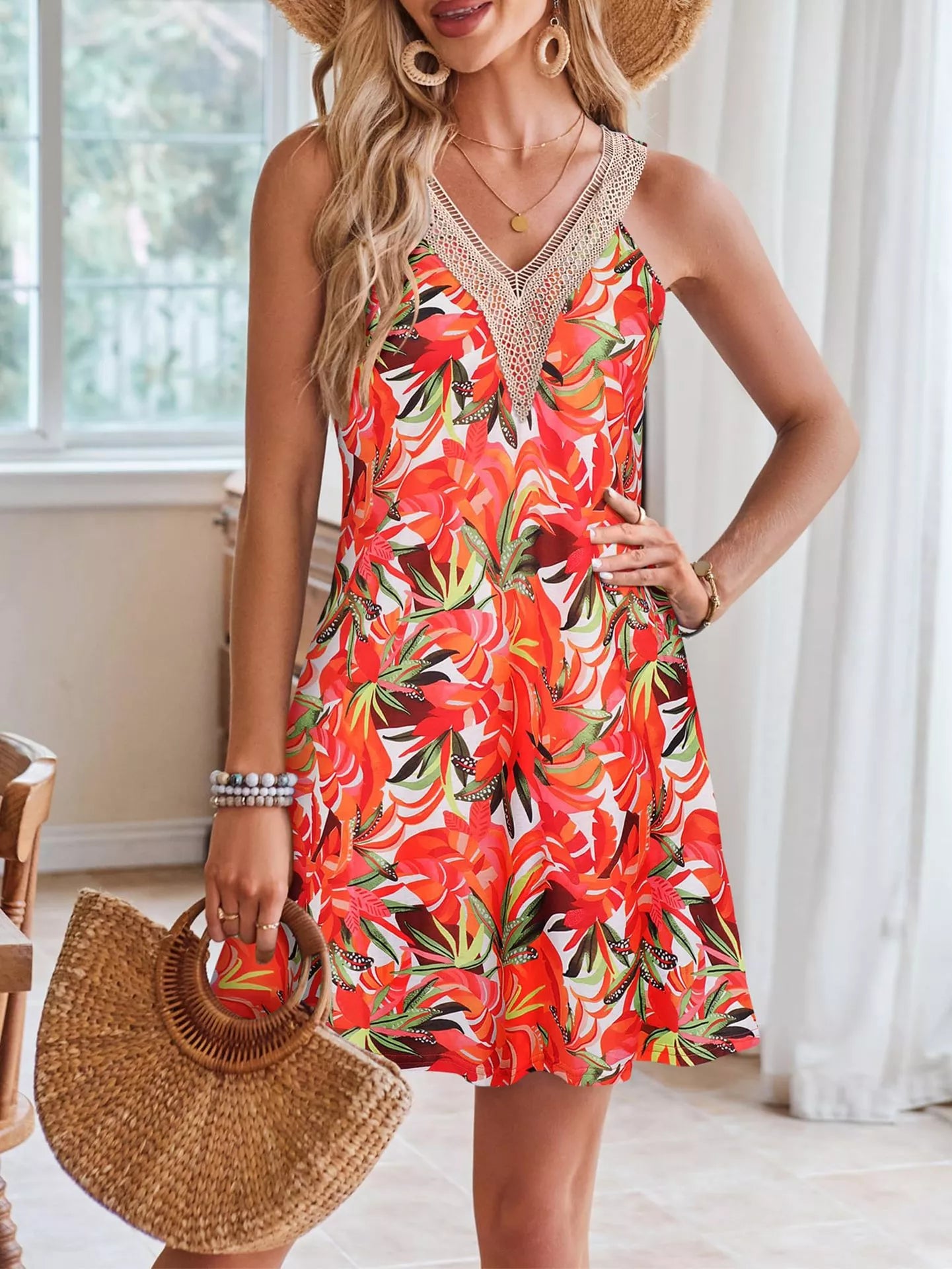 Tropical Leaf Print V-Neck Sleeveless Dress