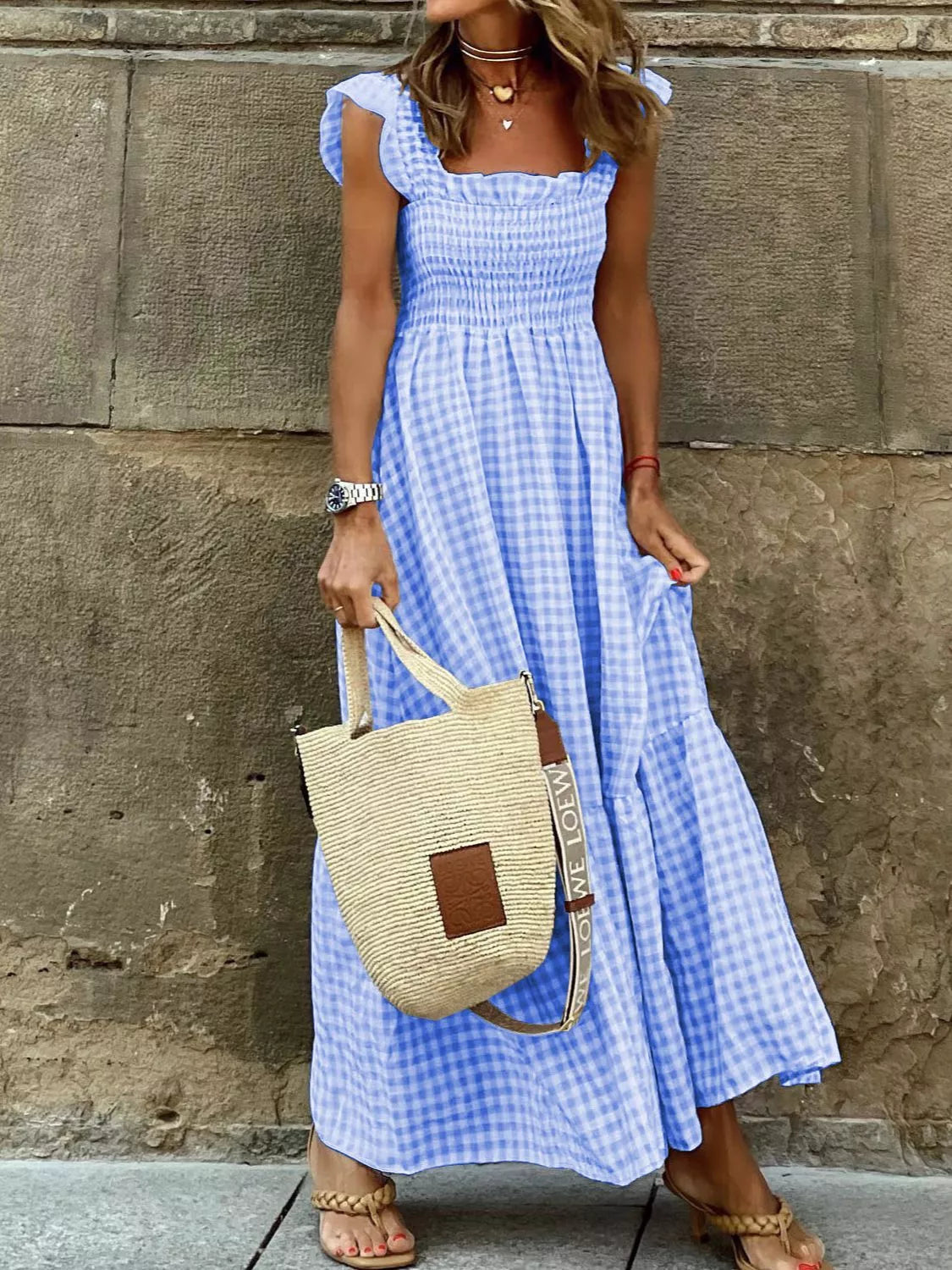 Full Size Gingham Smocked Ruffle Maxi Dress Plus Size
